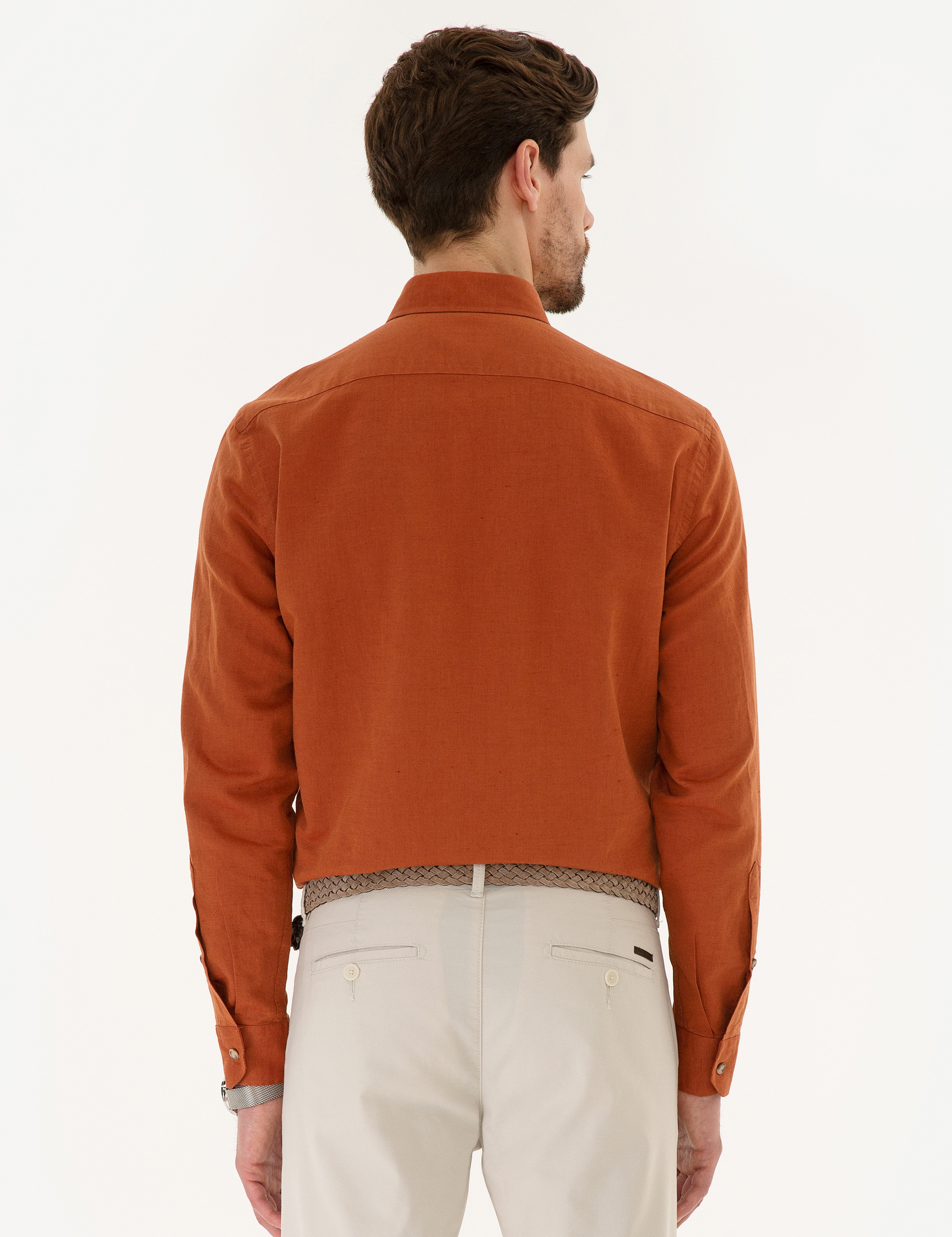 Kiremit Slim Fit Keten Karışımlı Gömlek - Image 3