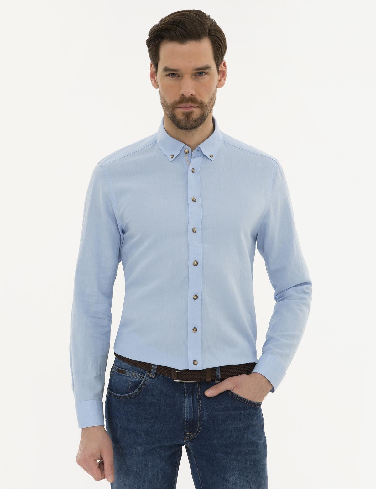 Açık Mavi Slim Fit Keten Karışımlı Gömlek