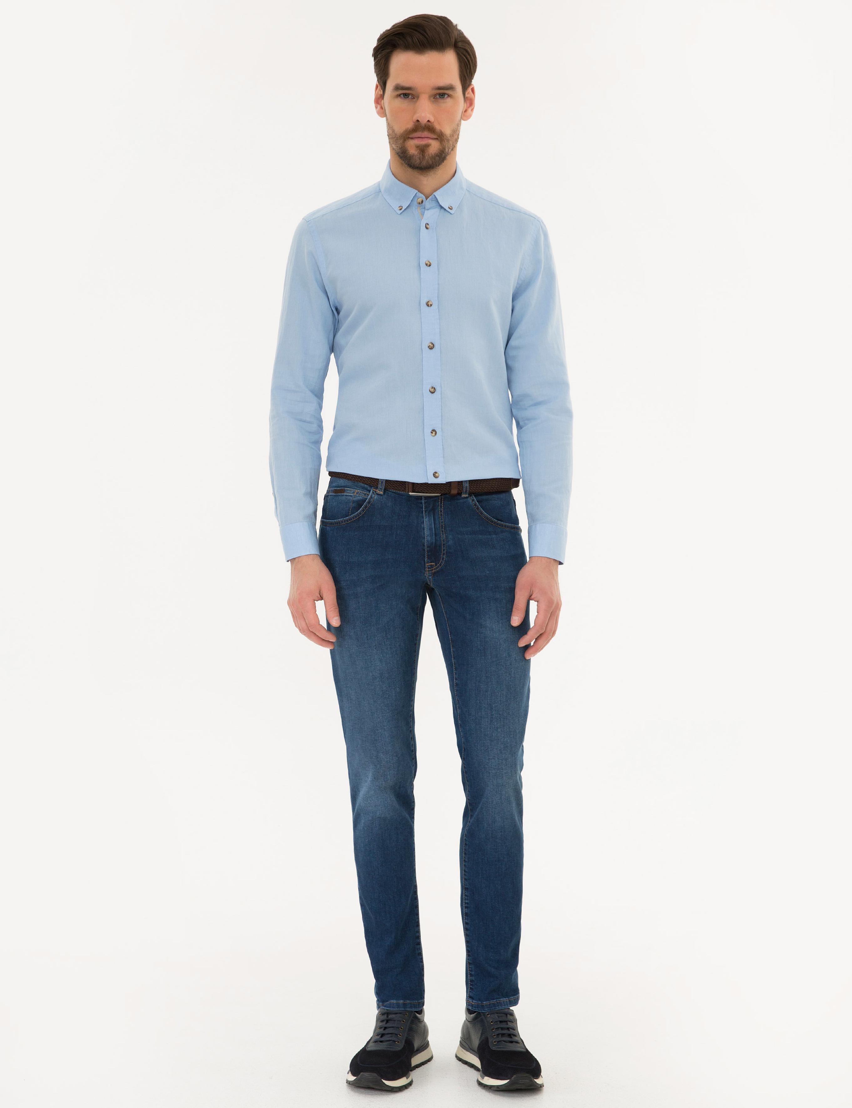 Açık Mavi Slim Fit Keten Karışımlı Gömlek