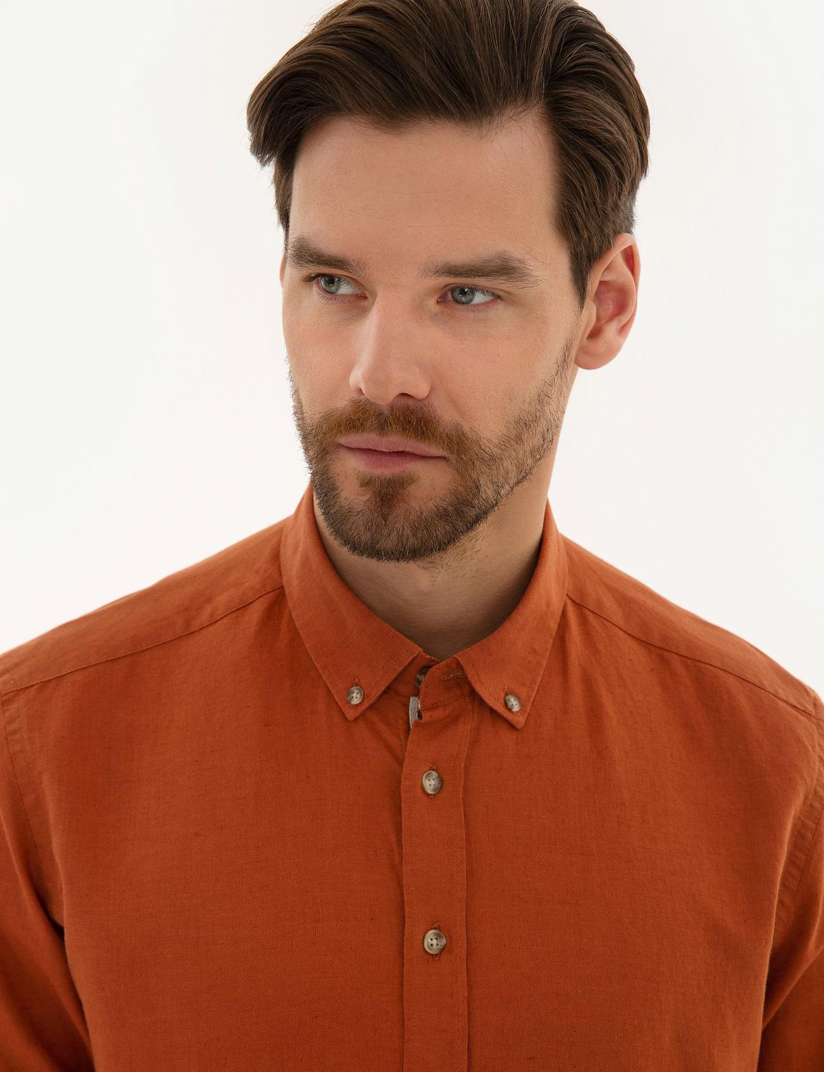 Kiremit Slim Fit Keten Karışımlı Gömlek