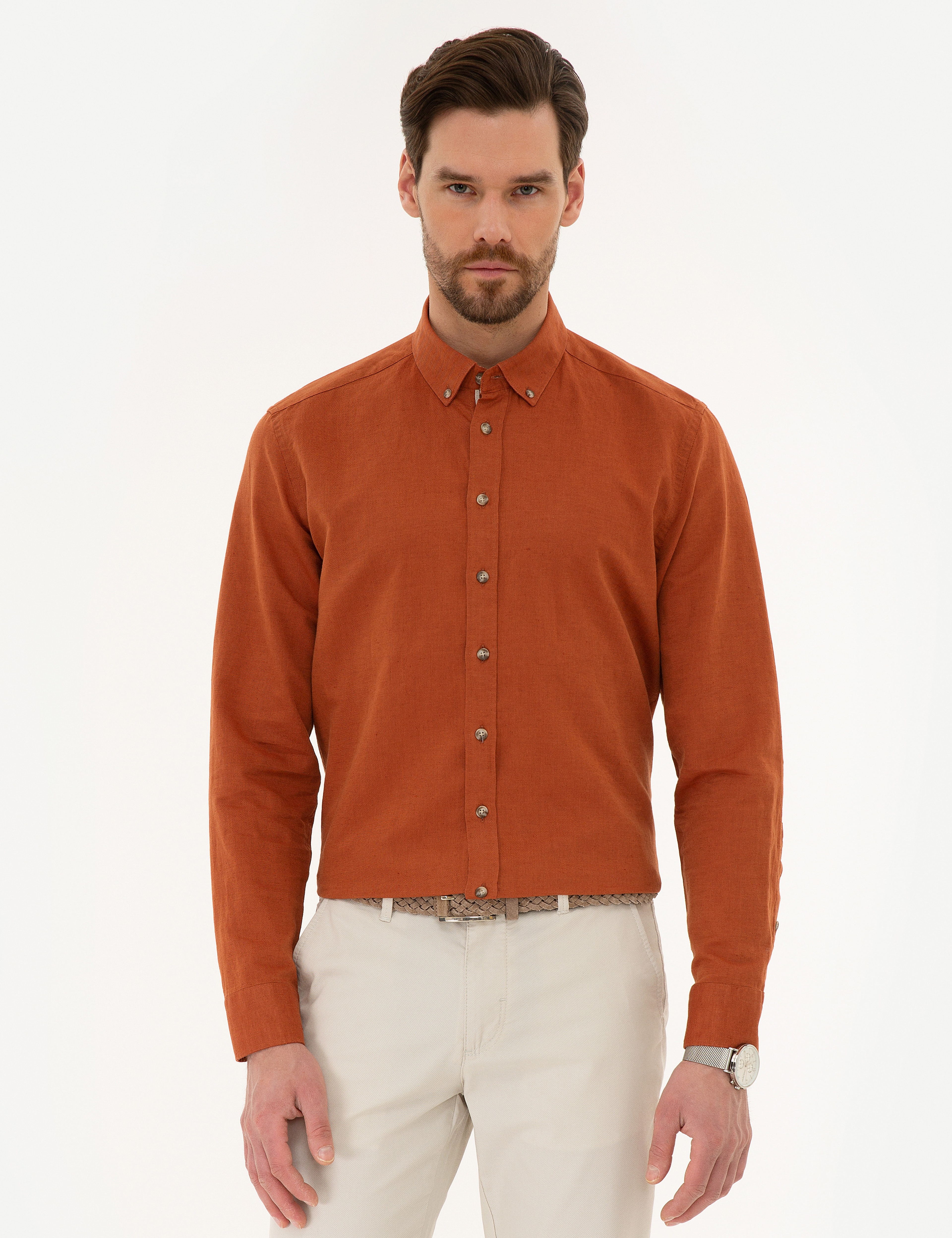 Kiremit Slim Fit Keten Karışımlı Gömlek