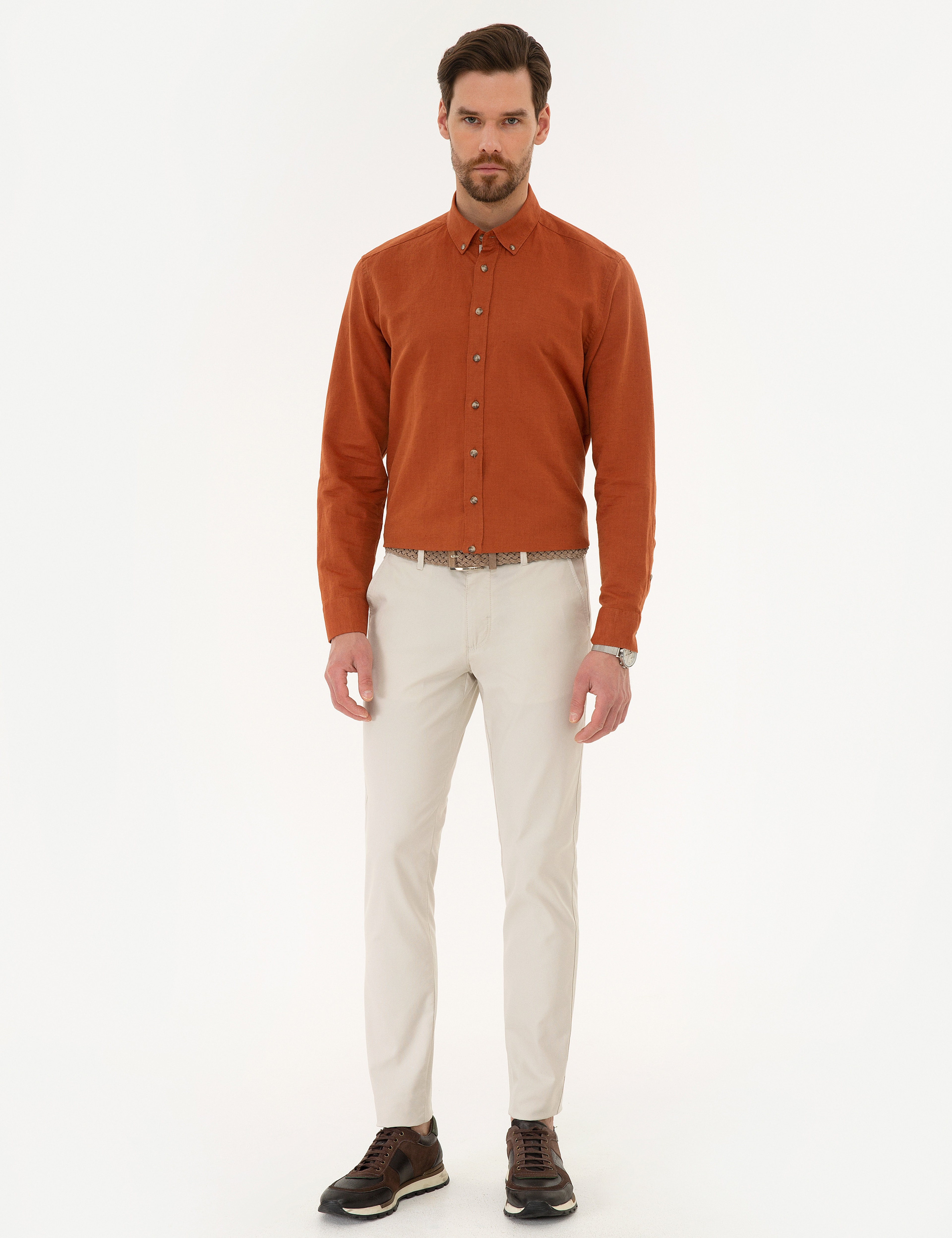 Kiremit Slim Fit Keten Karışımlı Gömlek - Image 4