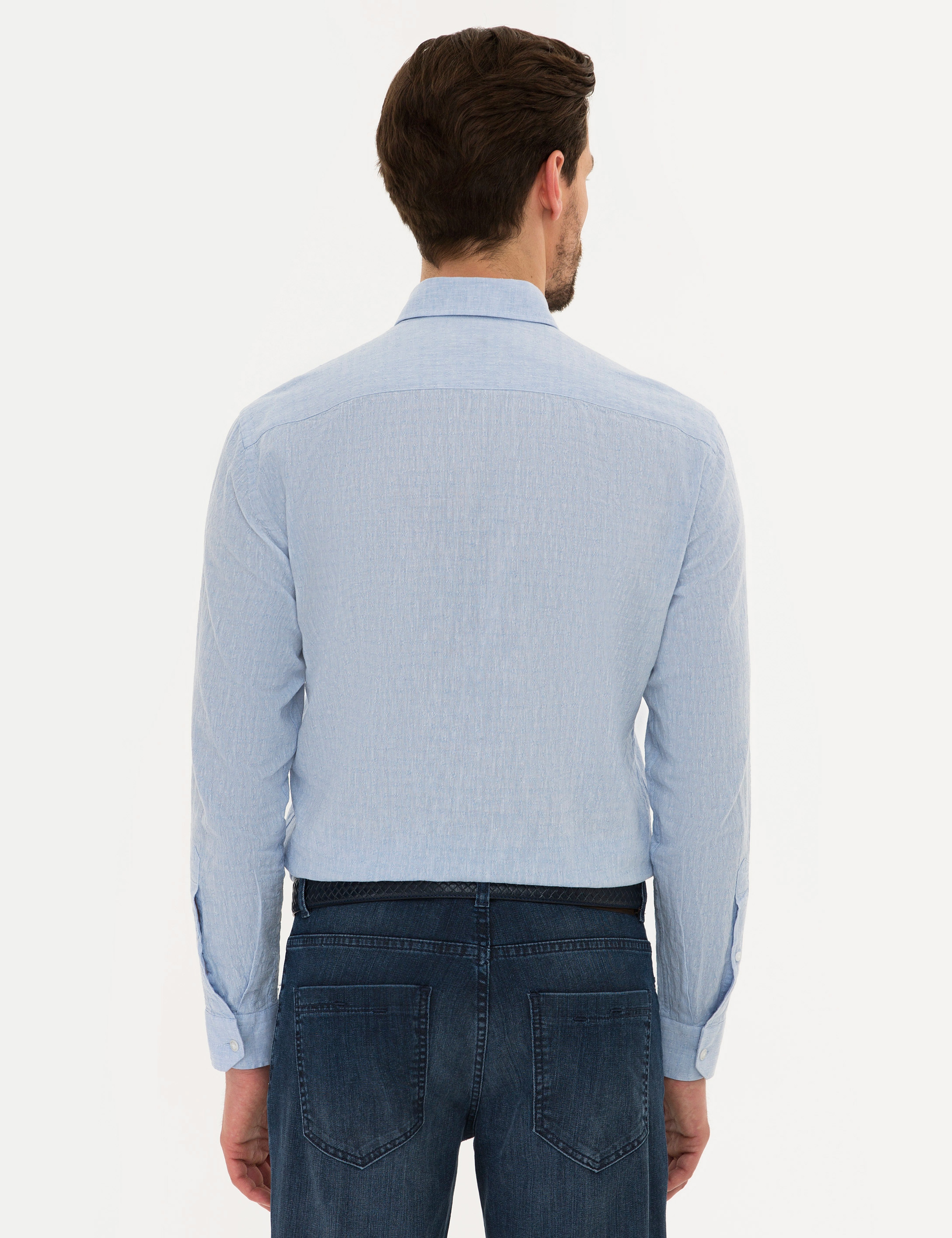 Açık Mavi Slim Fit Keten Karışımlı Gömlek - Image 3