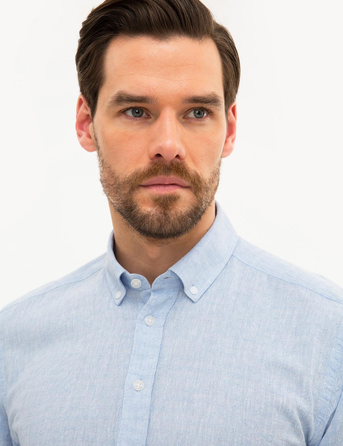 Açık Mavi Slim Fit Keten Karışımlı Gömlek - 50220180010