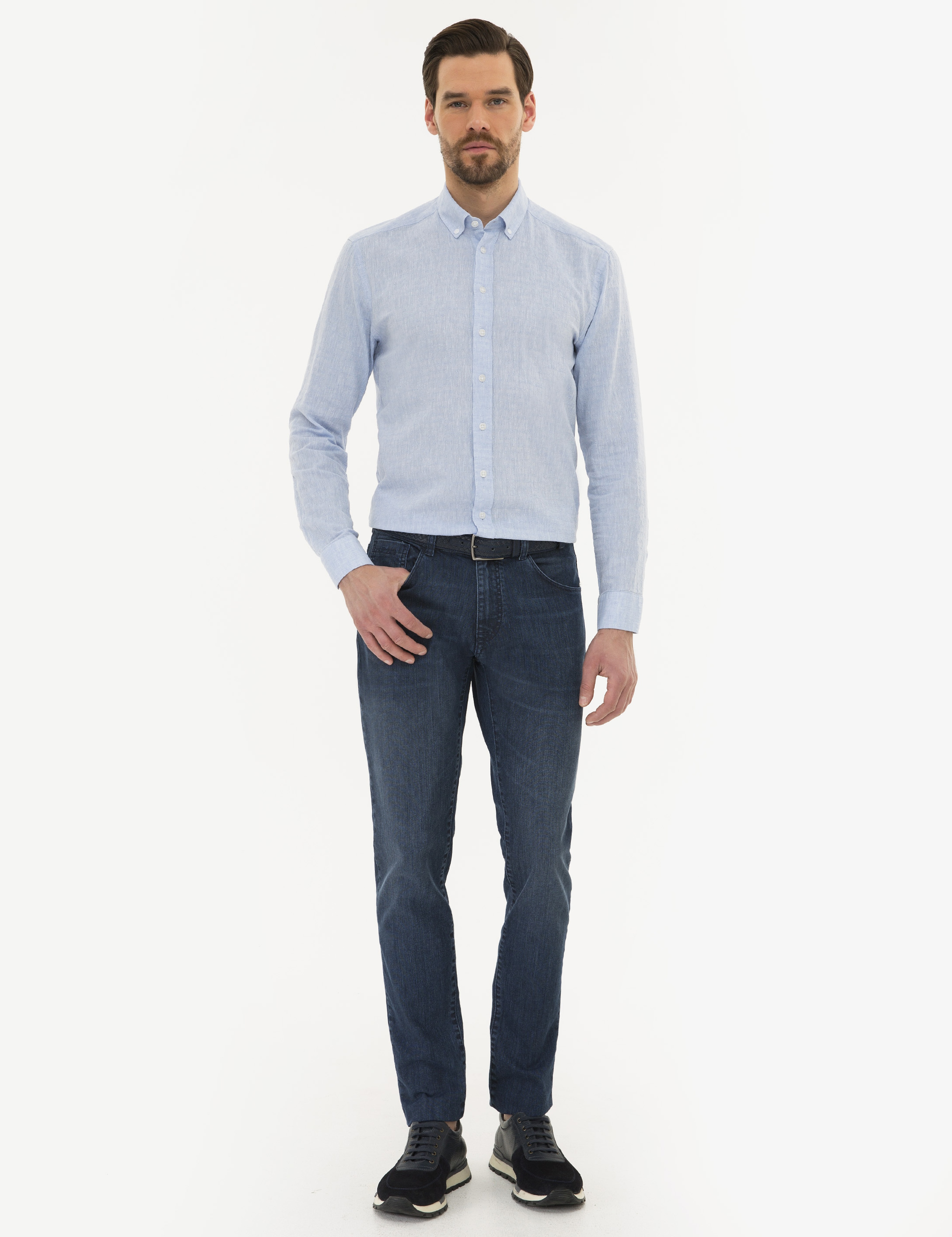 Açık Mavi Slim Fit Keten Karışımlı Gömlek - Image 4