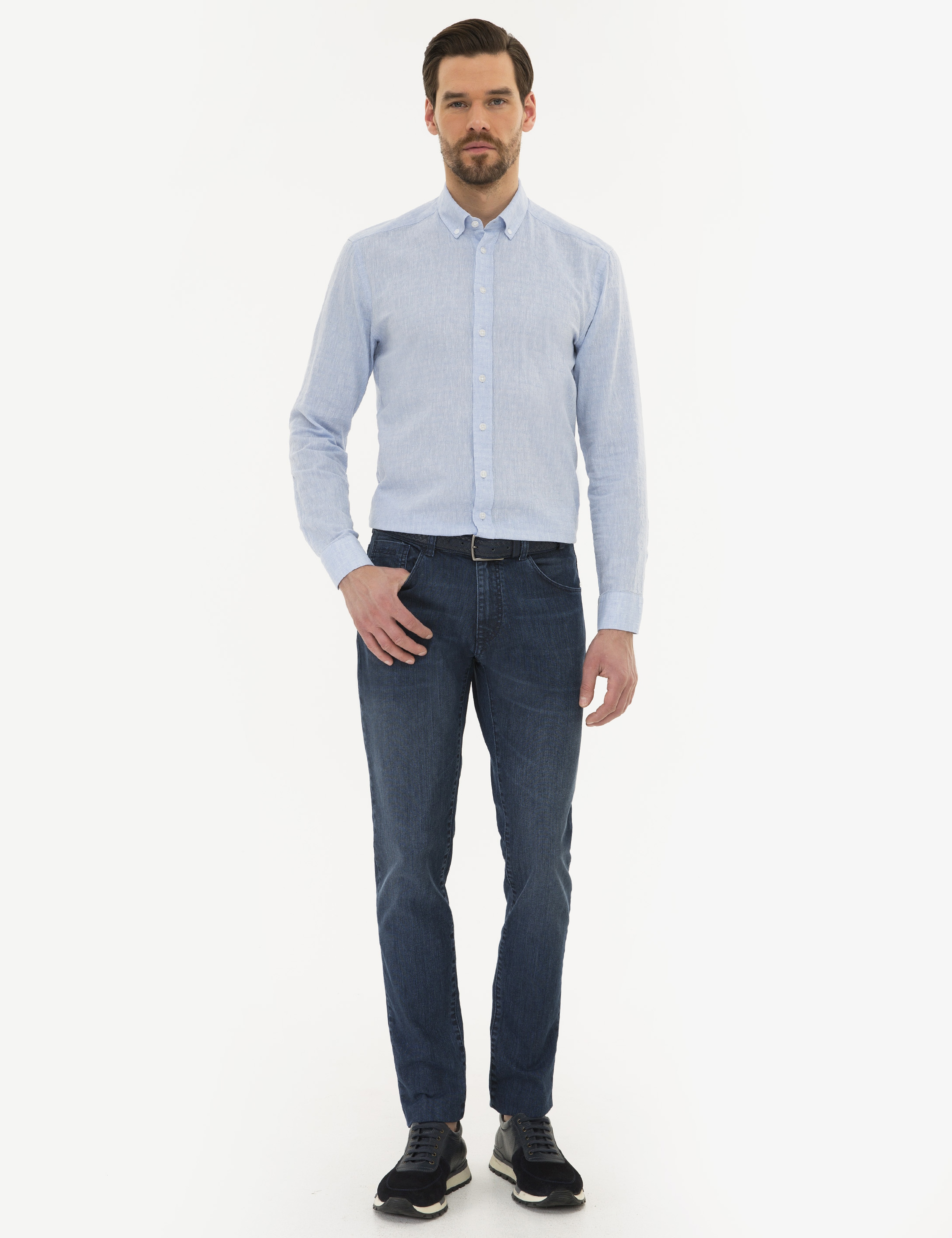 Açık Mavi Slim Fit Keten Karışımlı Gömlek