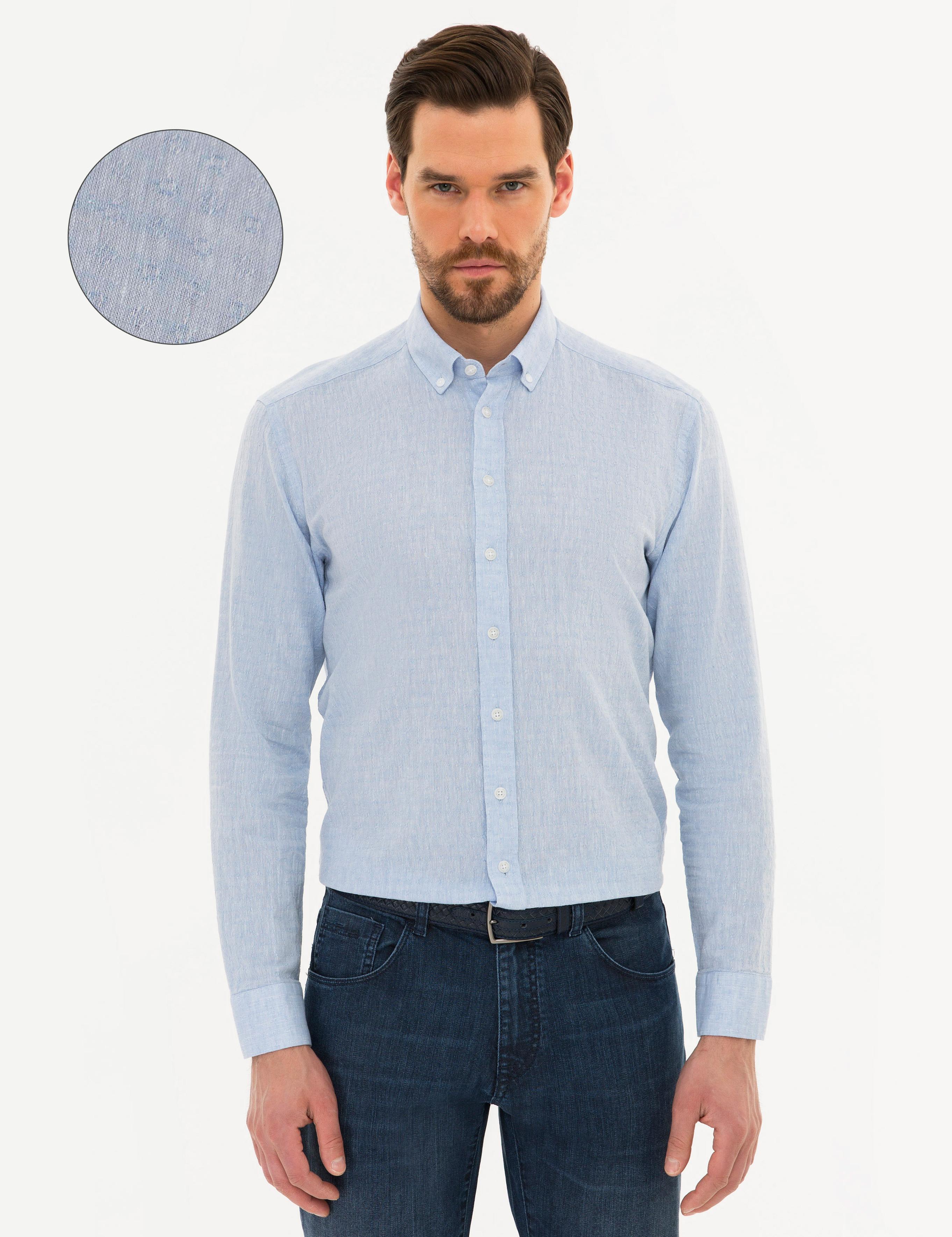 Açık Mavi Slim Fit Keten Karışımlı Gömlek