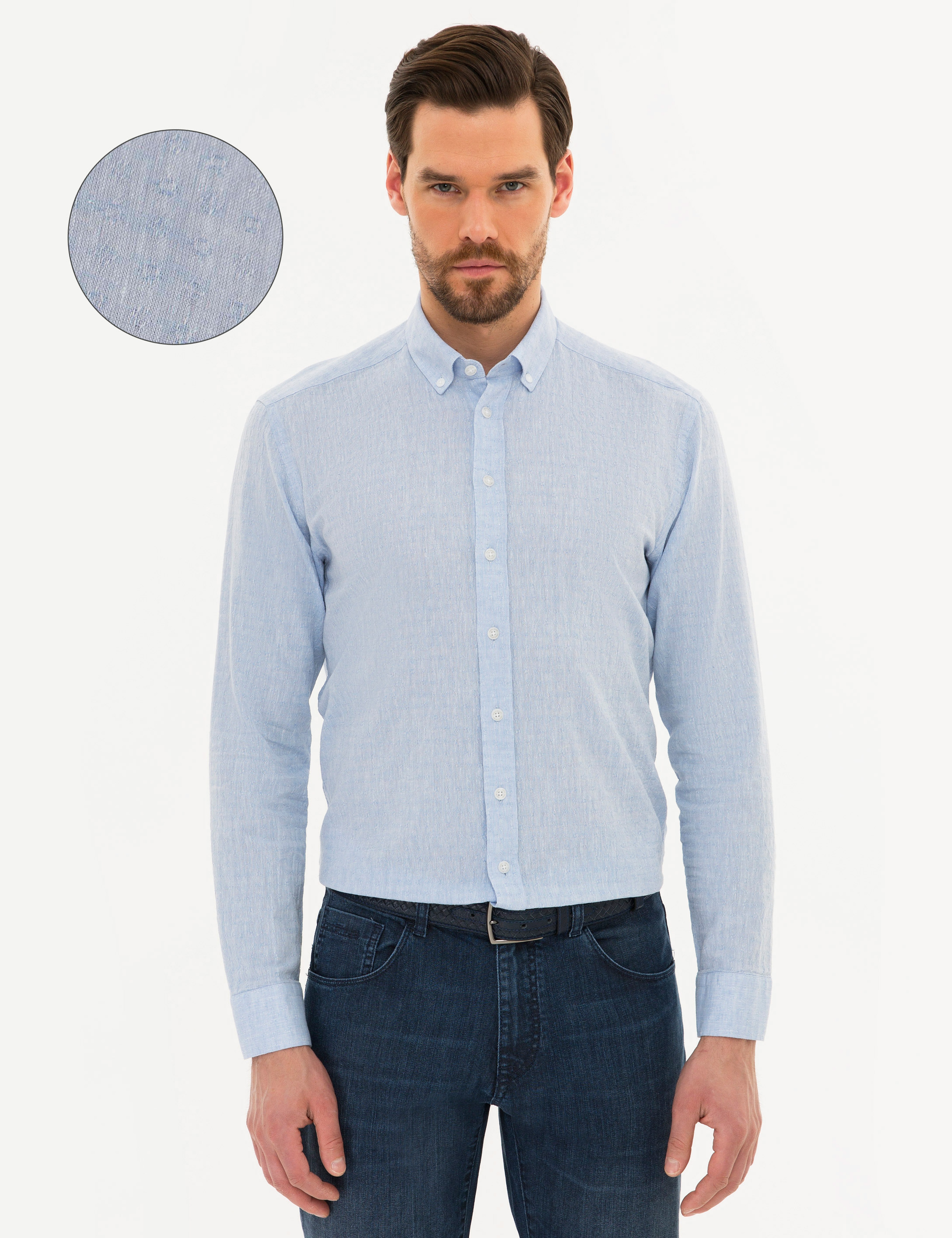 Açık Mavi Slim Fit Keten Karışımlı Gömlek - Image 1