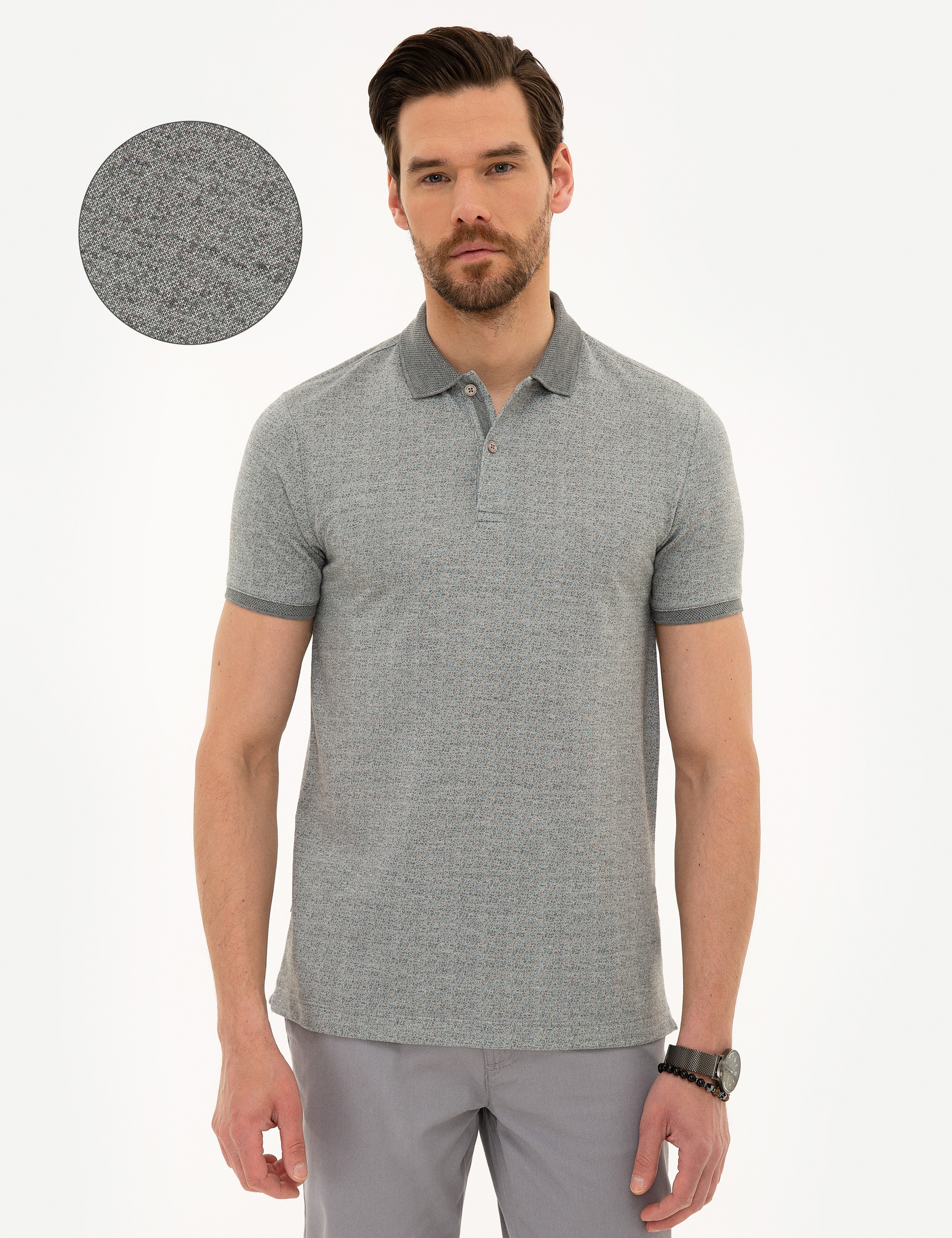 Gri Melanj Slim Fit Polo Yaka Tişört - Image 1