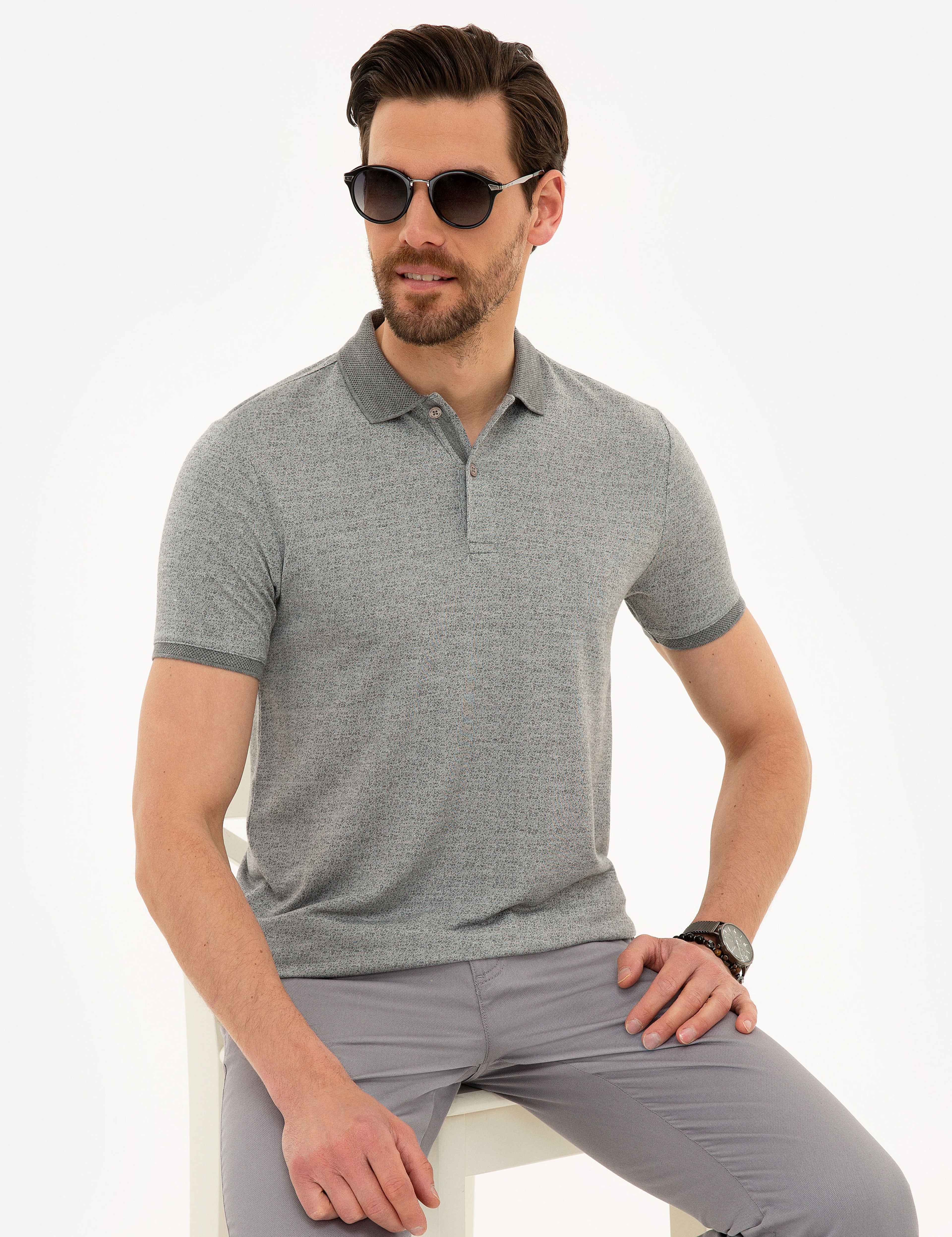 Gri Melanj Slim Fit Polo Yaka Tişört - Image 4
