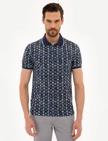 Lacivert Slim Fit Baskılı Polo Yaka Tişört