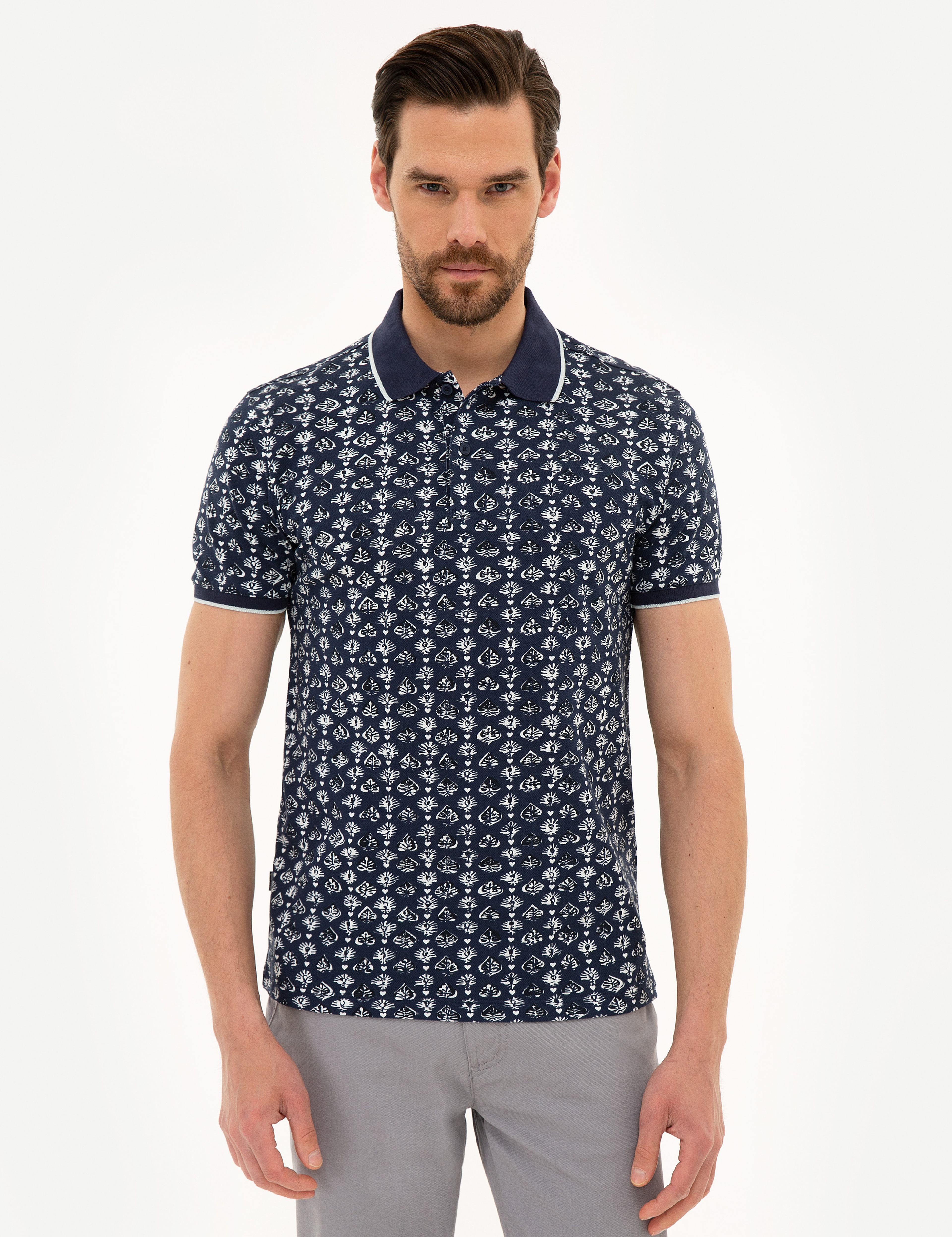 Lacivert Slim Fit Baskılı Polo Yaka Tişört - Image 1