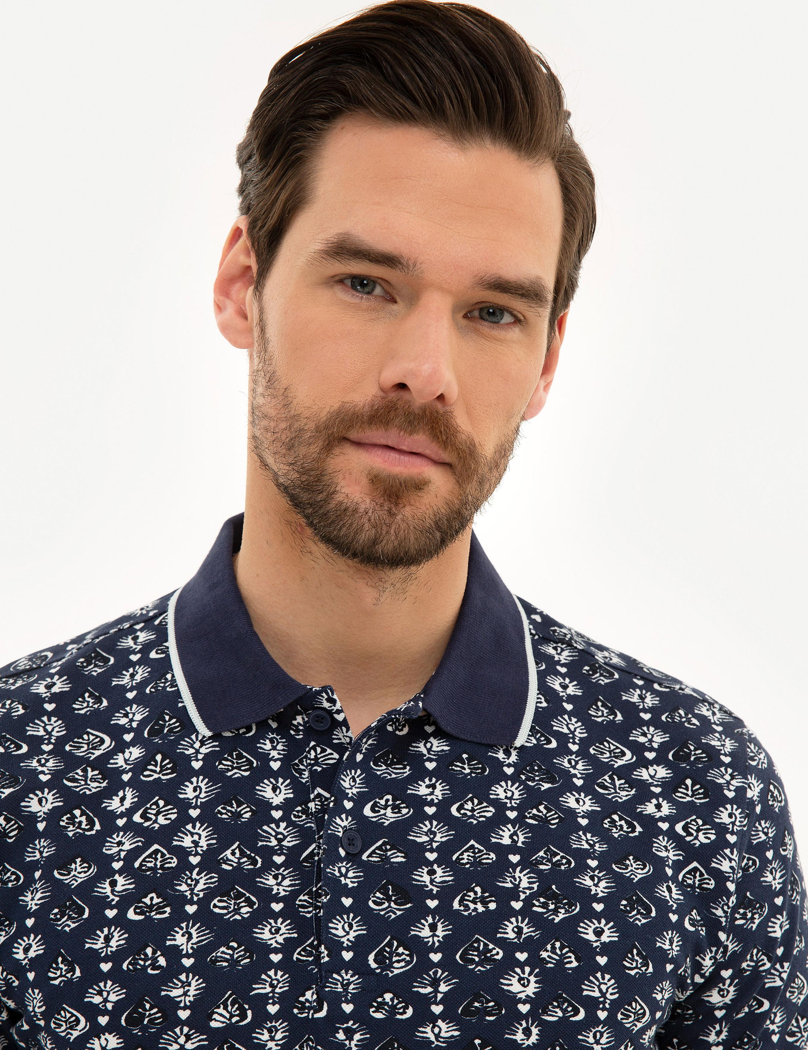 Lacivert Slim Fit Baskılı Polo Yaka Tişört