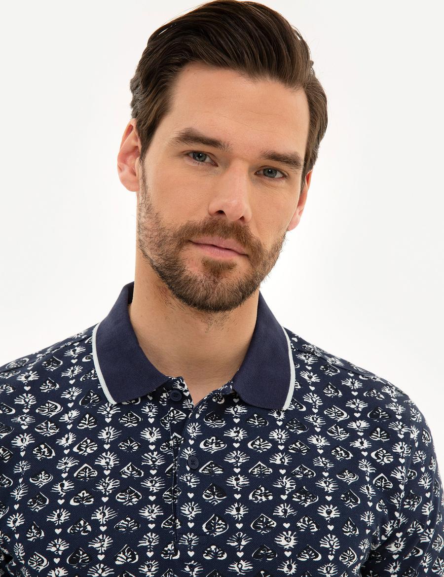 Lacivert Slim Fit Baskılı Polo Yaka Tişört