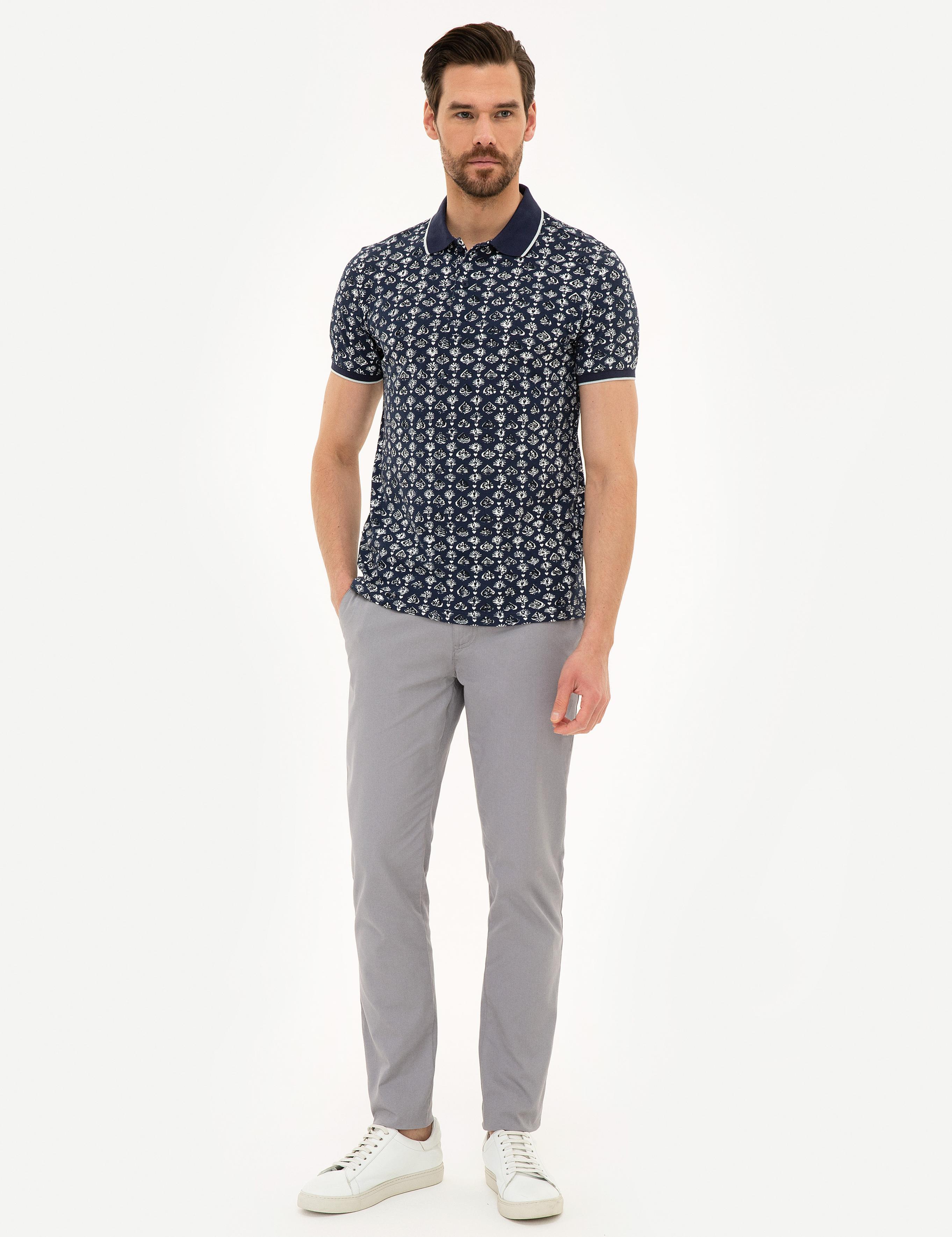 Lacivert Slim Fit Baskılı Polo Yaka Tişört