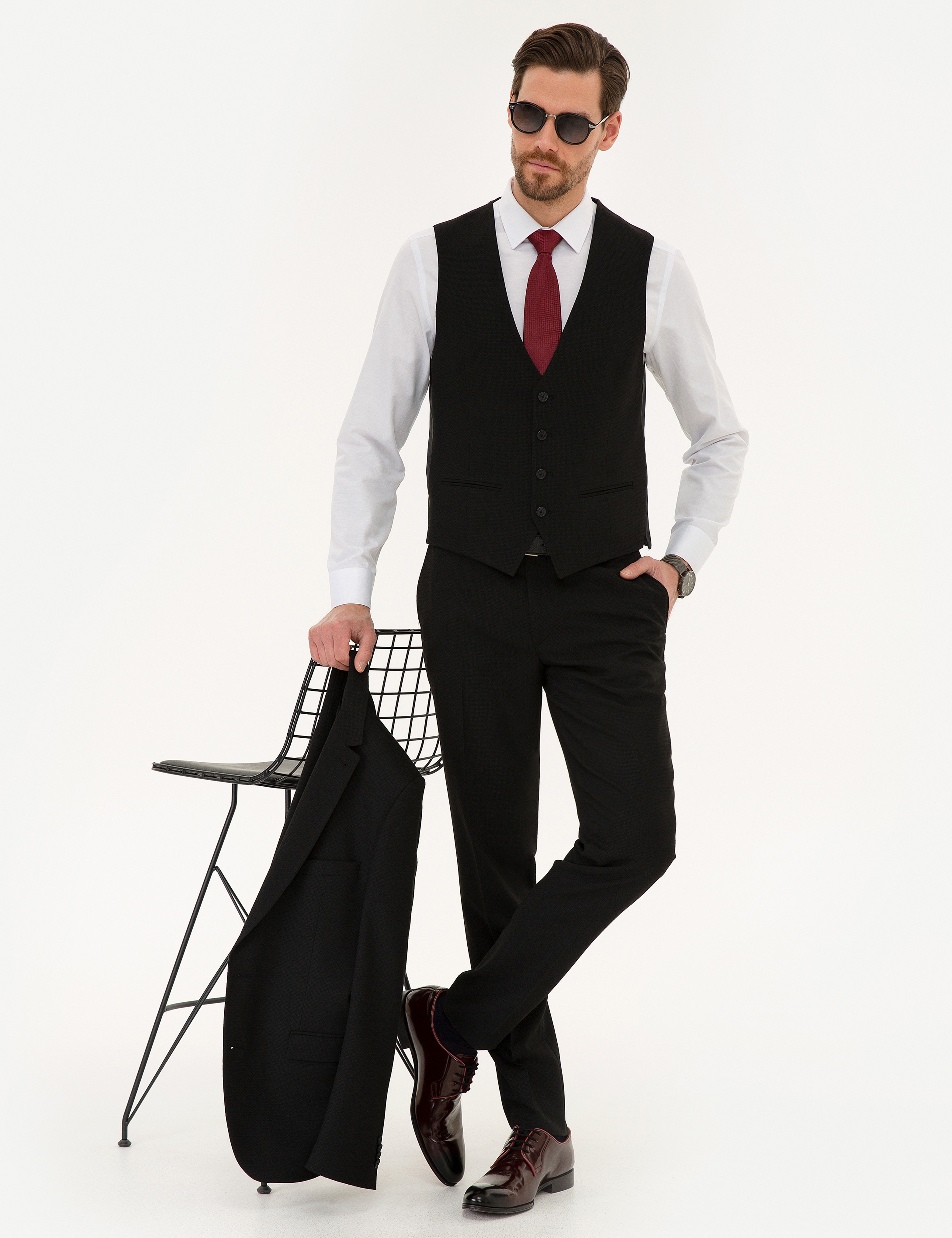 Siyah Ekstra Slim Fit Yelekli Takım Elbise - Image 3