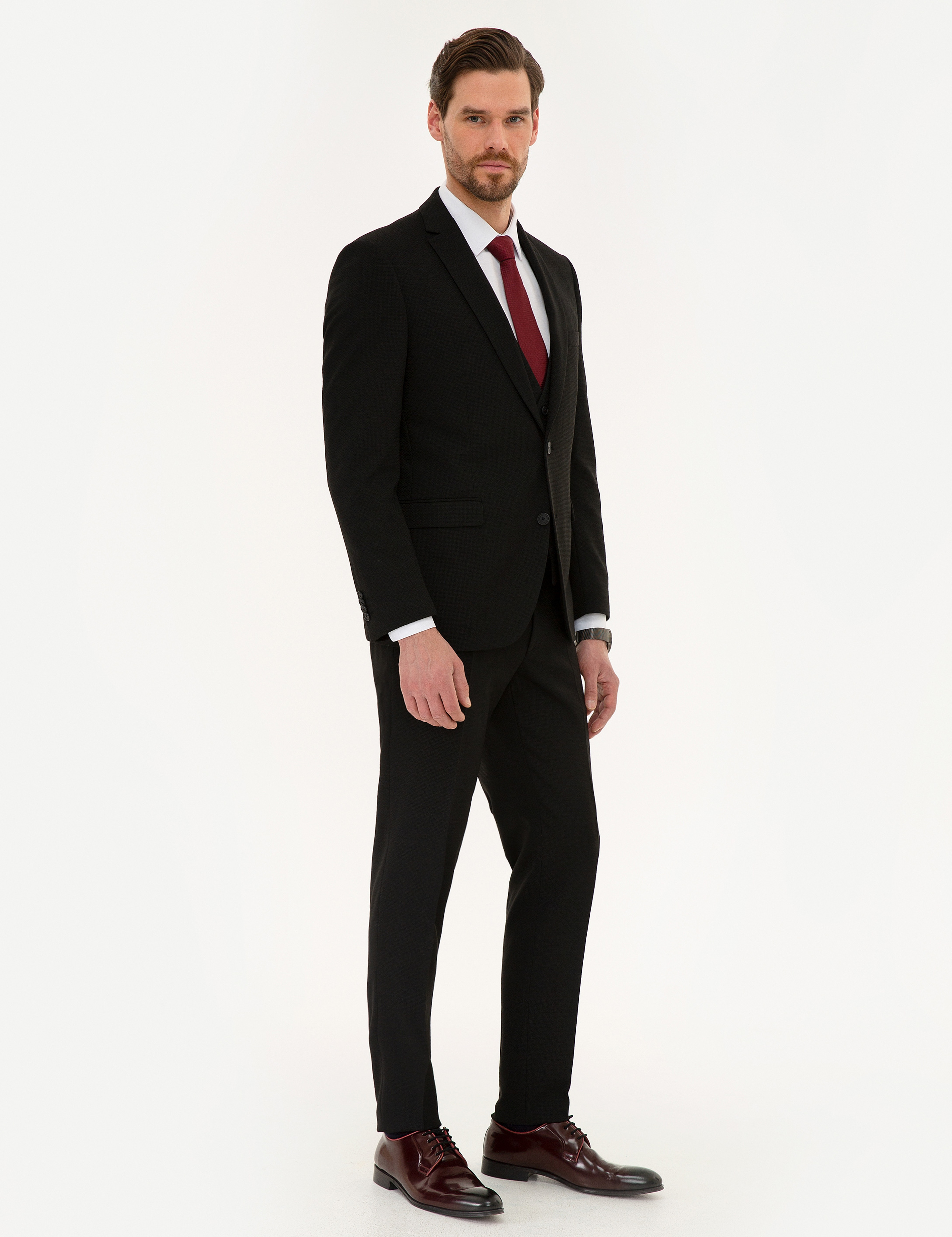 Siyah Ekstra Slim Fit Yelekli Takım Elbise