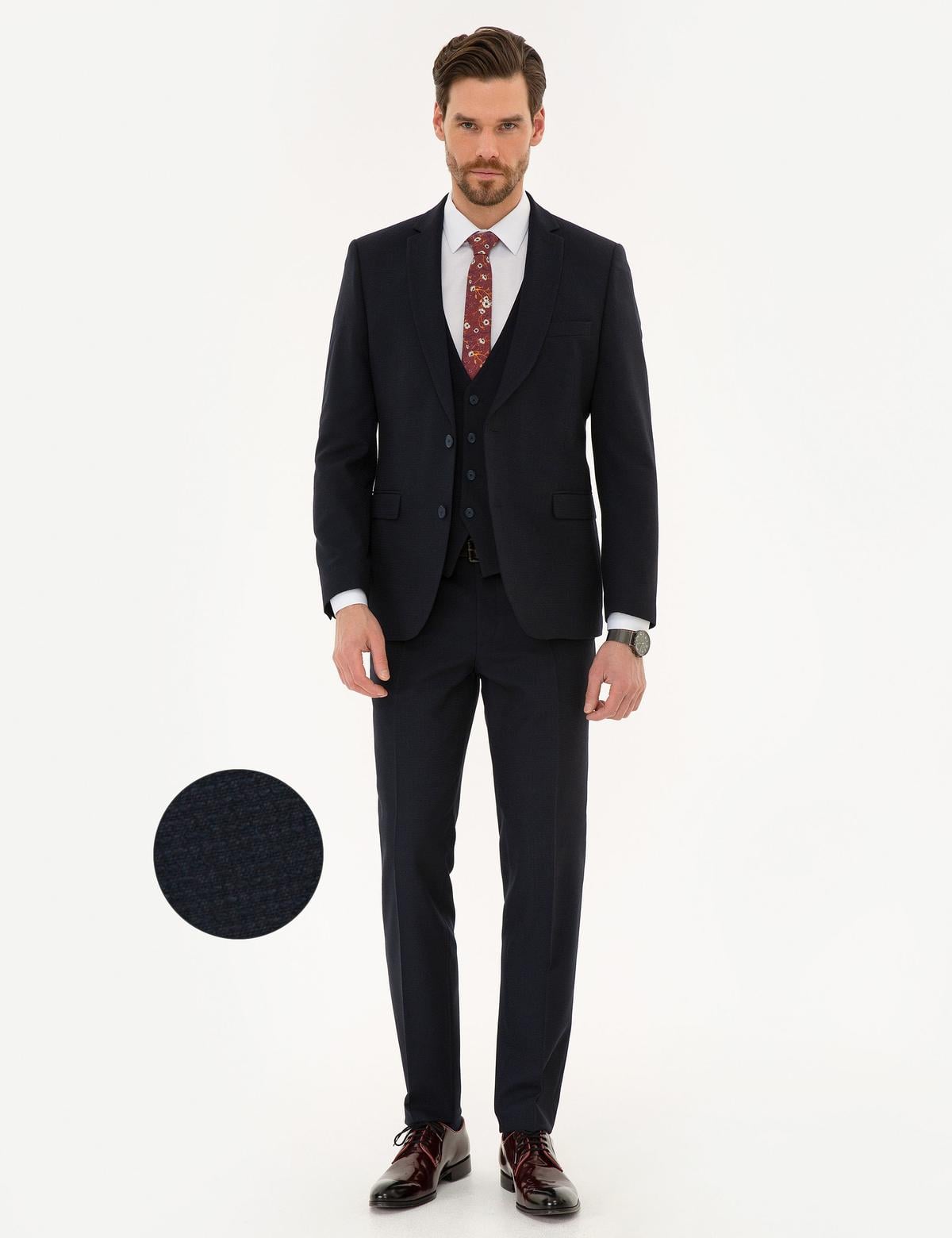 Lacivert Ekstra Slim Fit Yelekli Takım Elbise