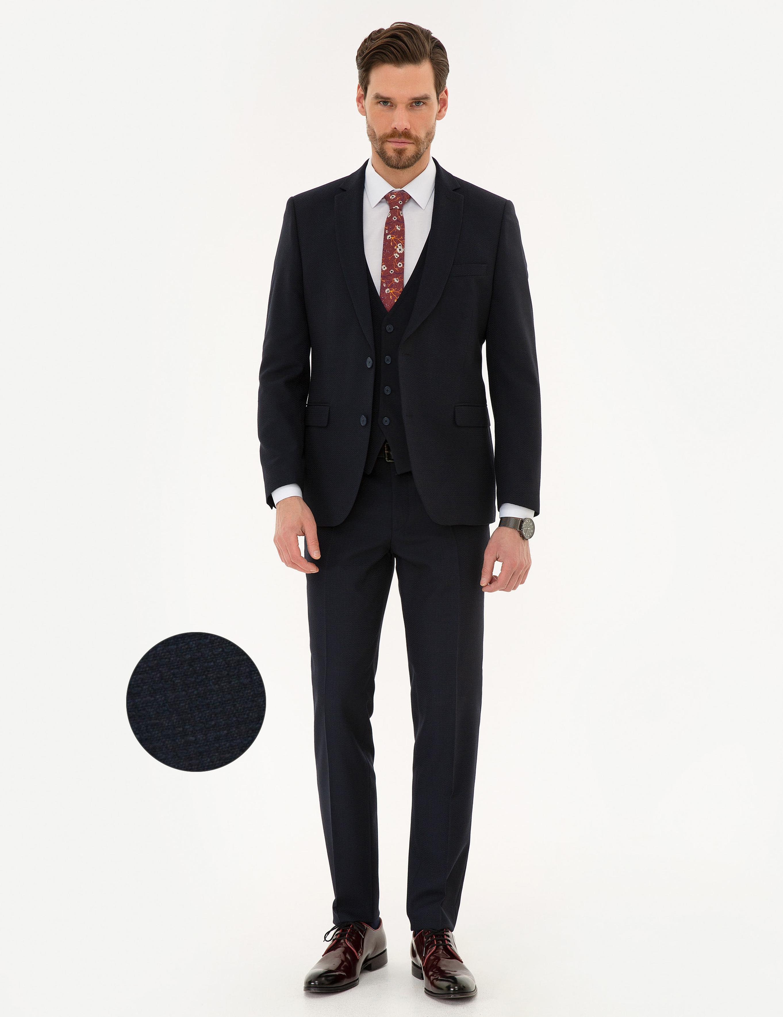 Lacivert Ekstra Slim Fit Yelekli Takım Elbise