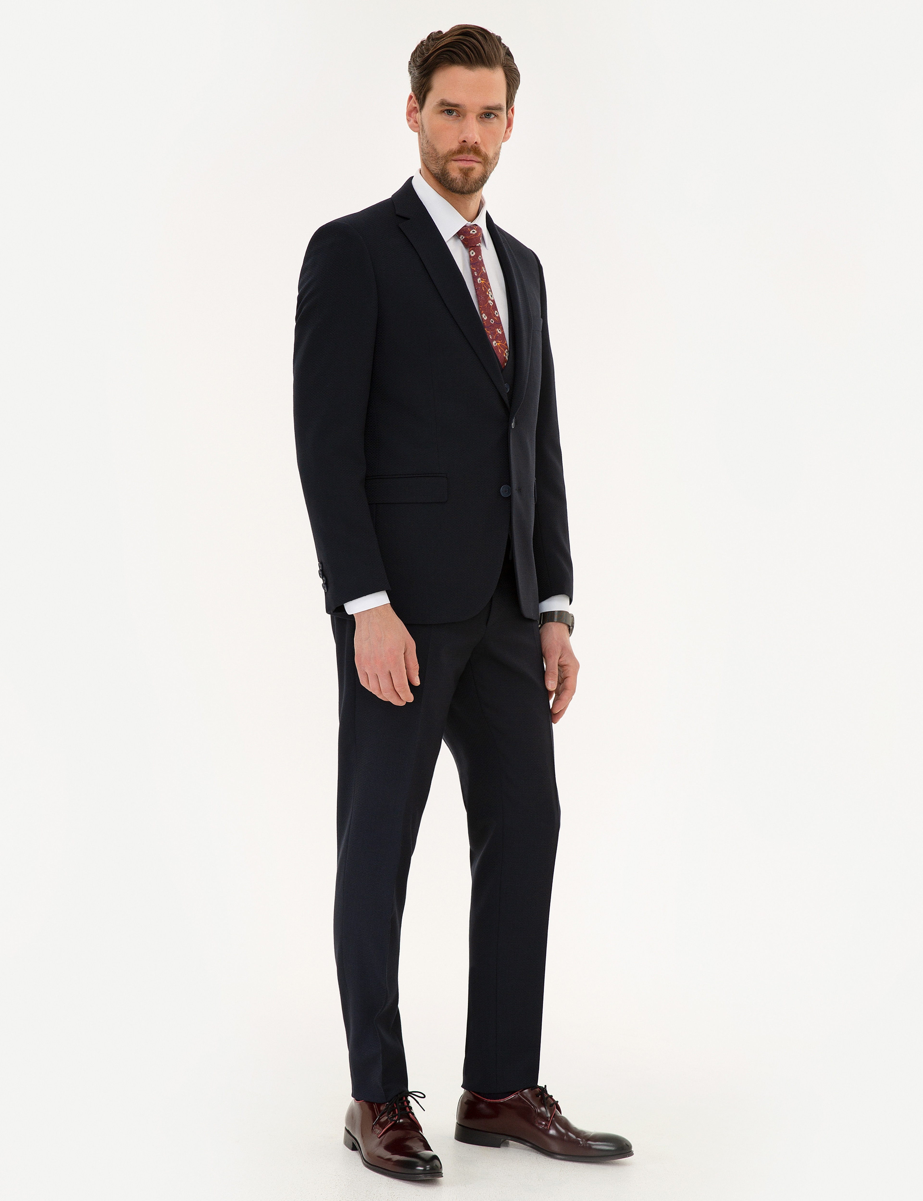 Lacivert Ekstra Slim Fit Yelekli Takım Elbise