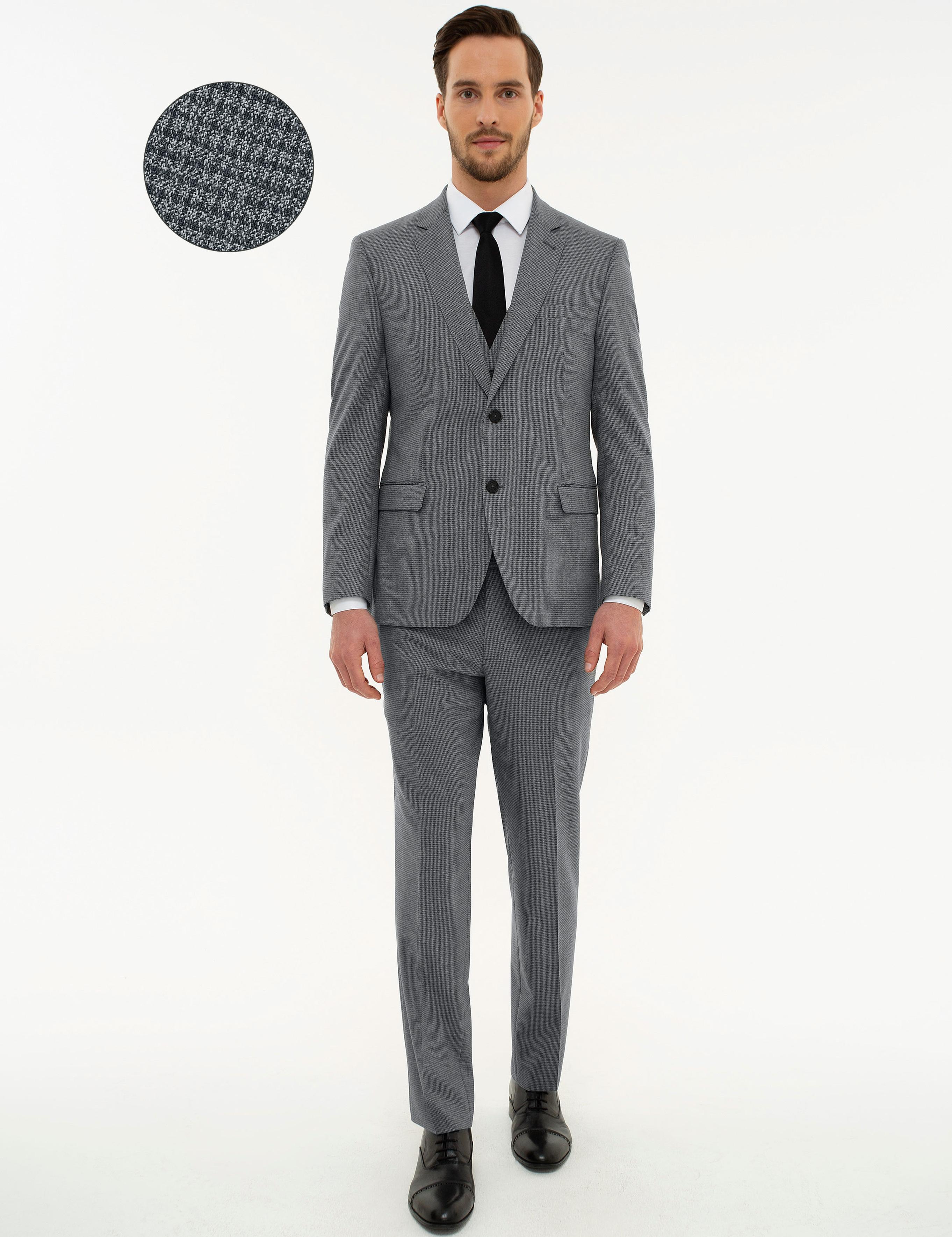 Gri Slim Fit Yelekli Takım Elbise