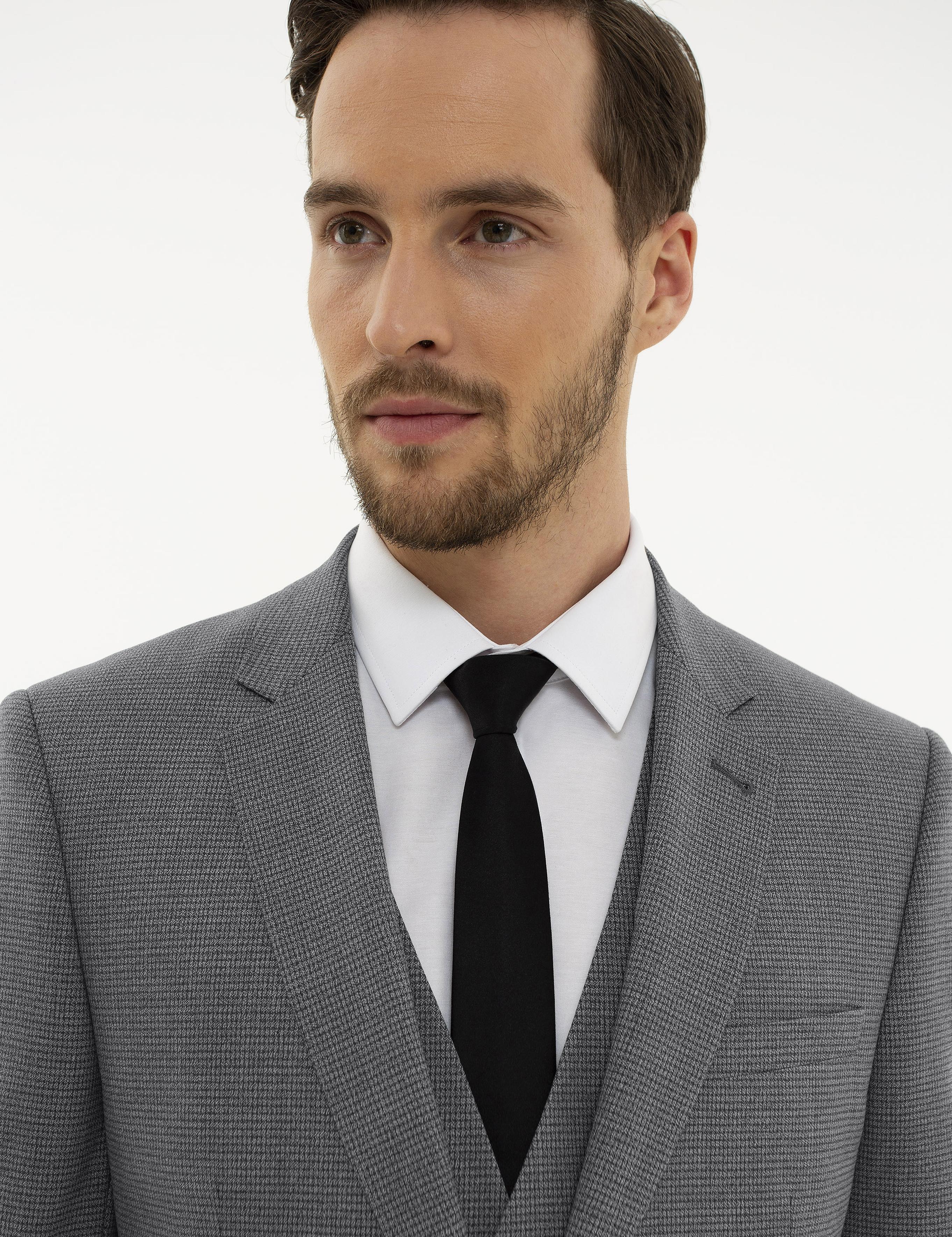 Gri Slim Fit Yelekli Takım Elbise