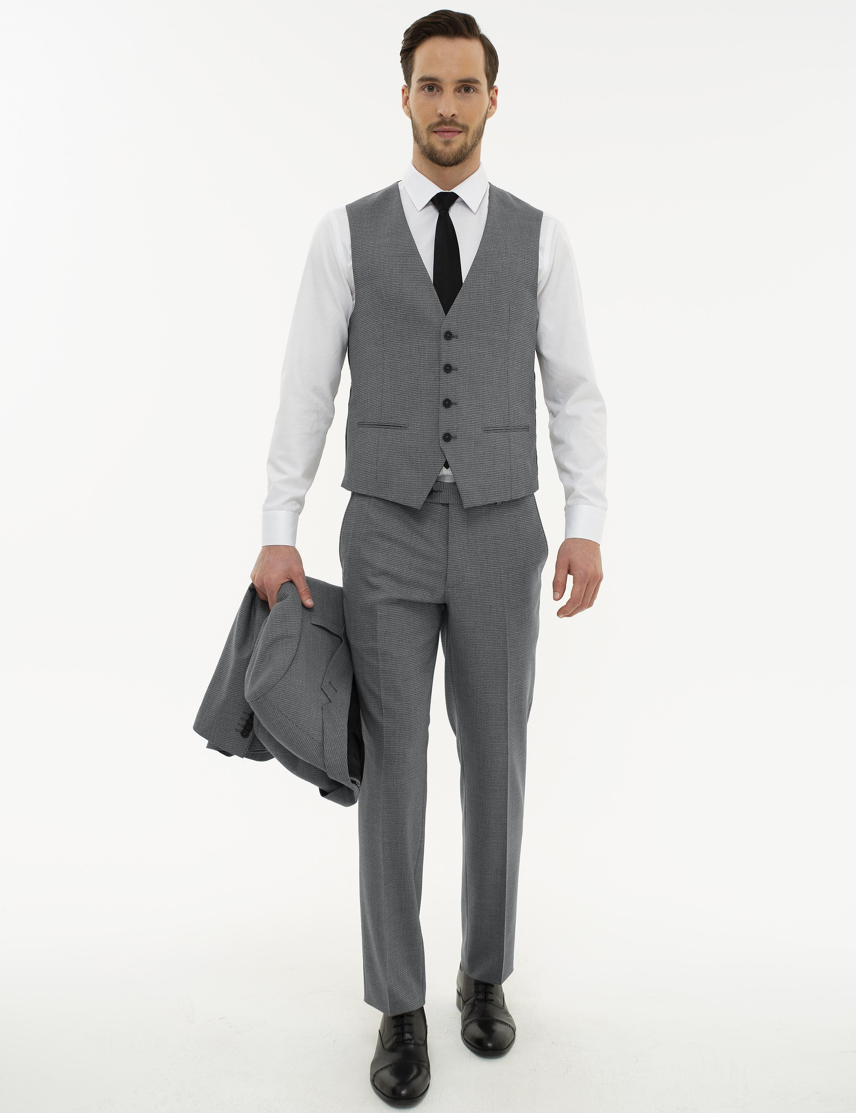 Gri Slim Fit Yelekli Takım Elbise