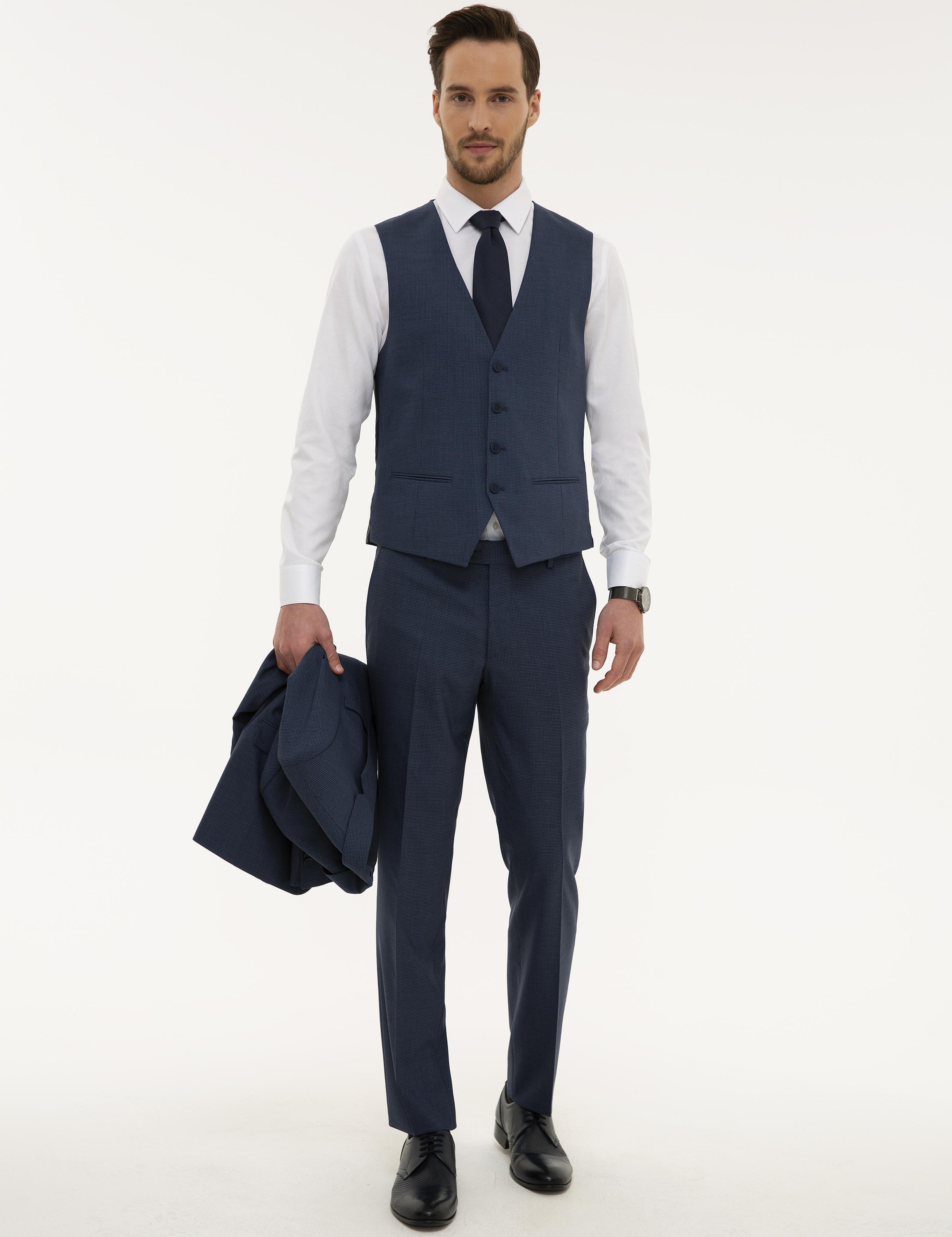 Lacivert Slim Fit Yelekli Takım Elbise