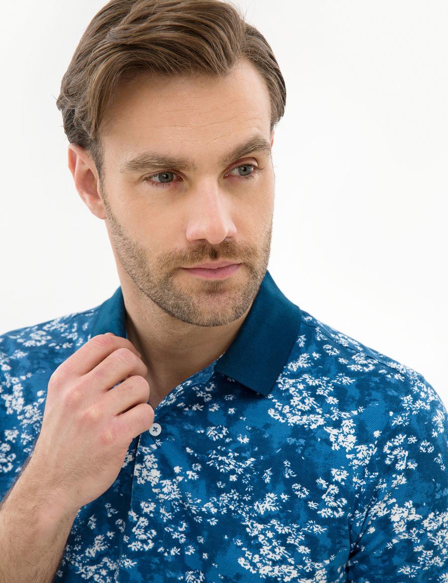 Lacivert Slim Fit Baskılı Polo Yaka Tişört