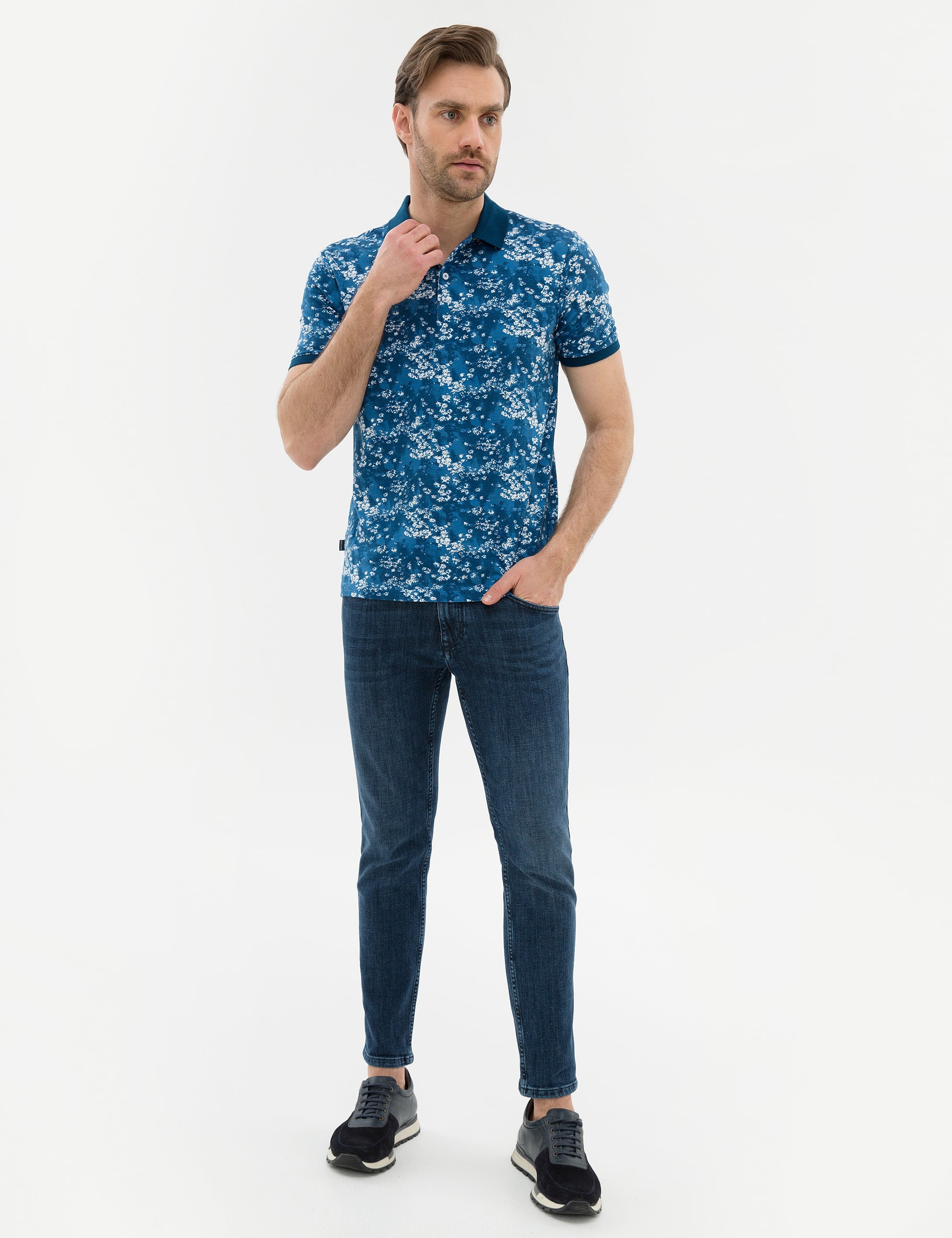 Lacivert Slim Fit Baskılı Polo Yaka Tişört