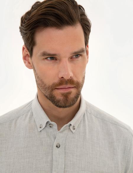 Açık Gri Regular Fit Keten Karışımlı Gömlek - 50220244003