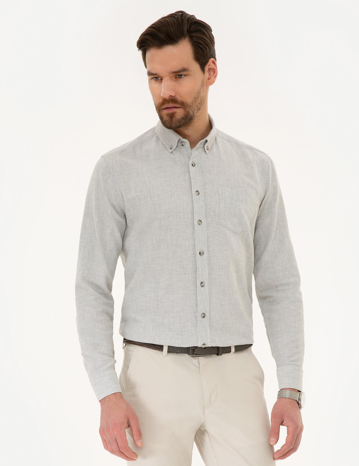 Açık Gri Regular Fit Keten Karışımlı Gömlek - 50220244003
