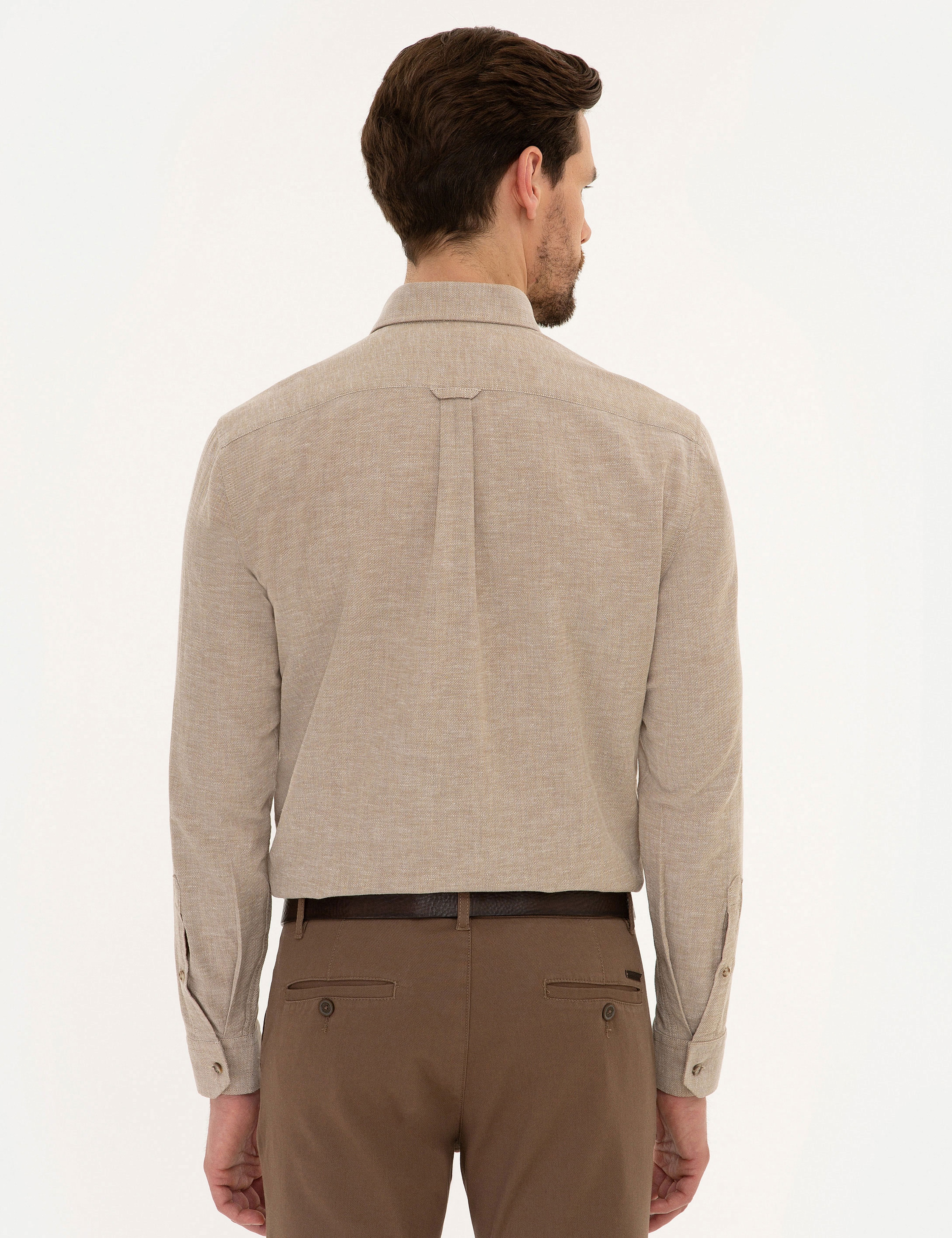 Açık Kahverengi Regular Fit Keten Karışımlı Gömlek - Image 3