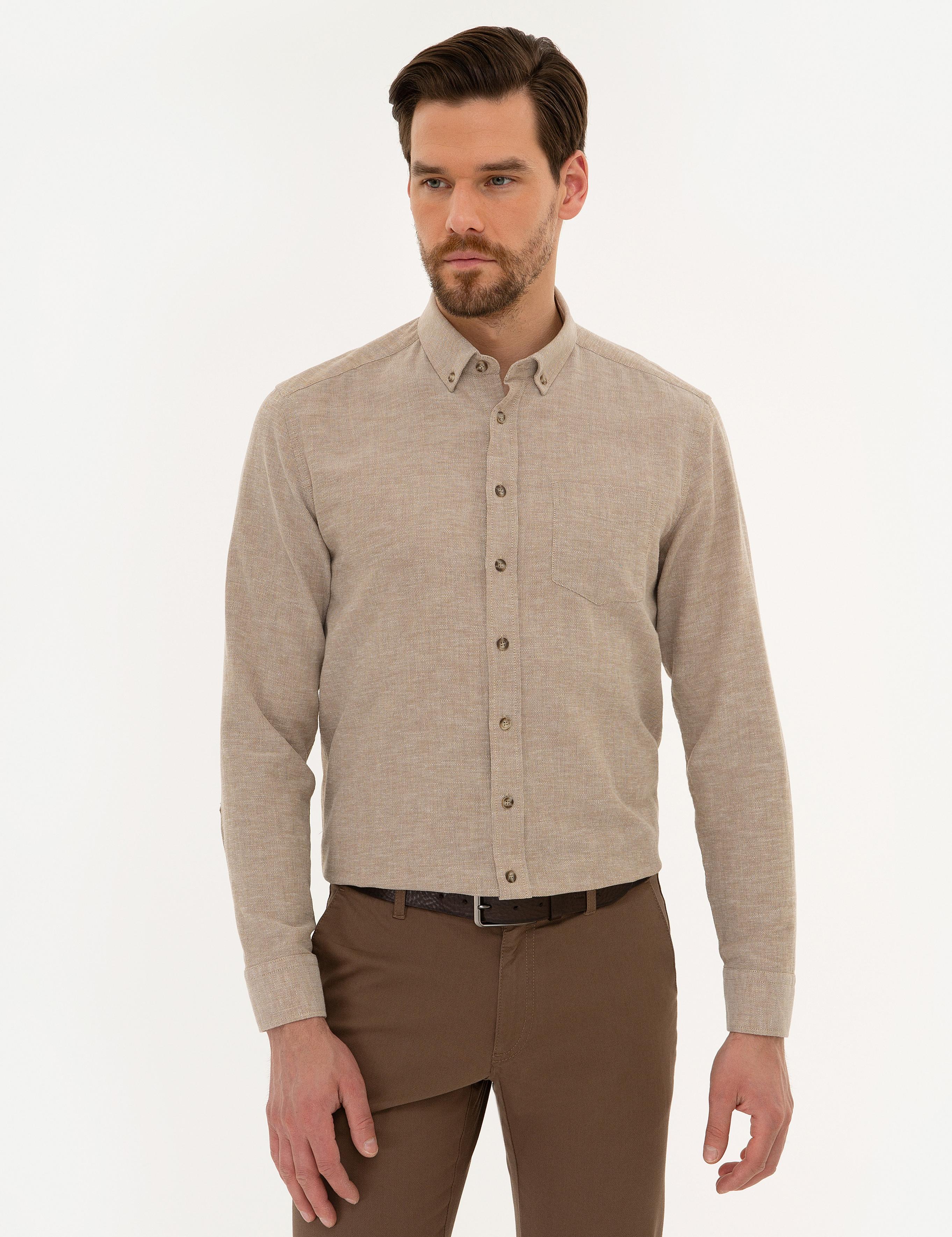 Açık Kahverengi Regular Fit Keten Karışımlı Gömlek