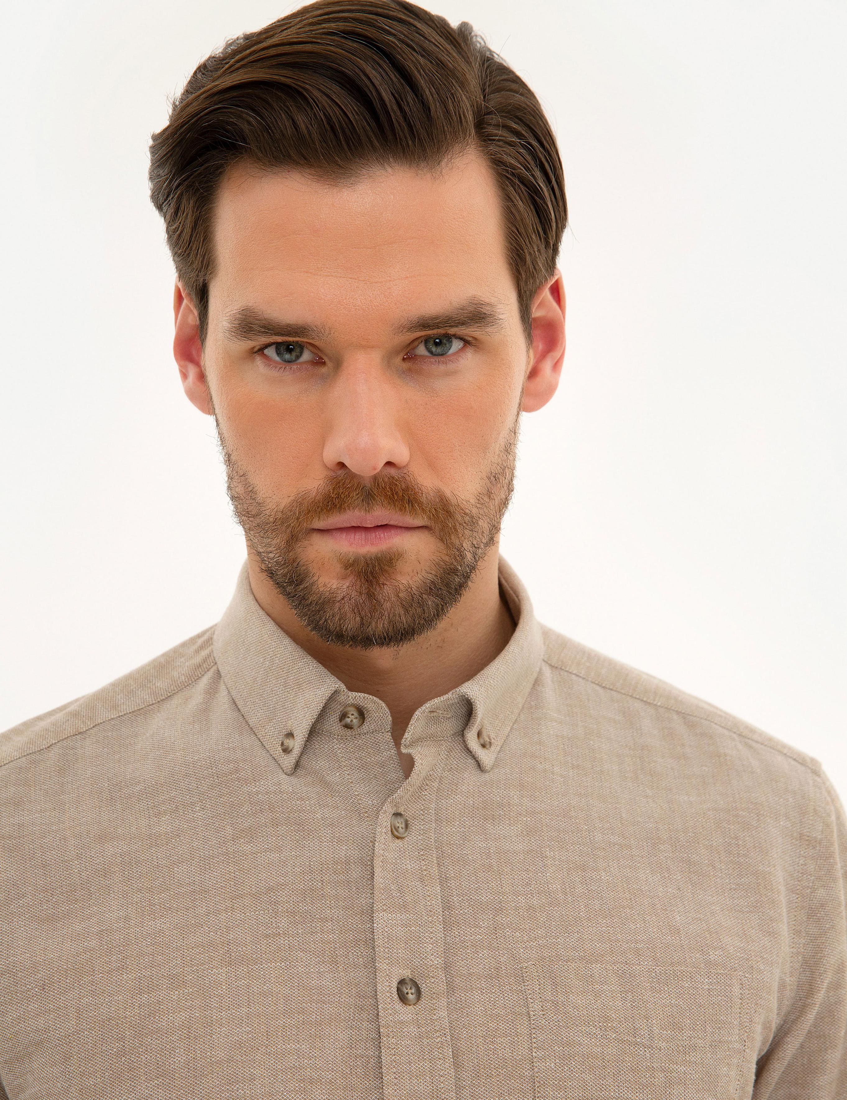 Açık Kahverengi Regular Fit Keten Karışımlı Gömlek