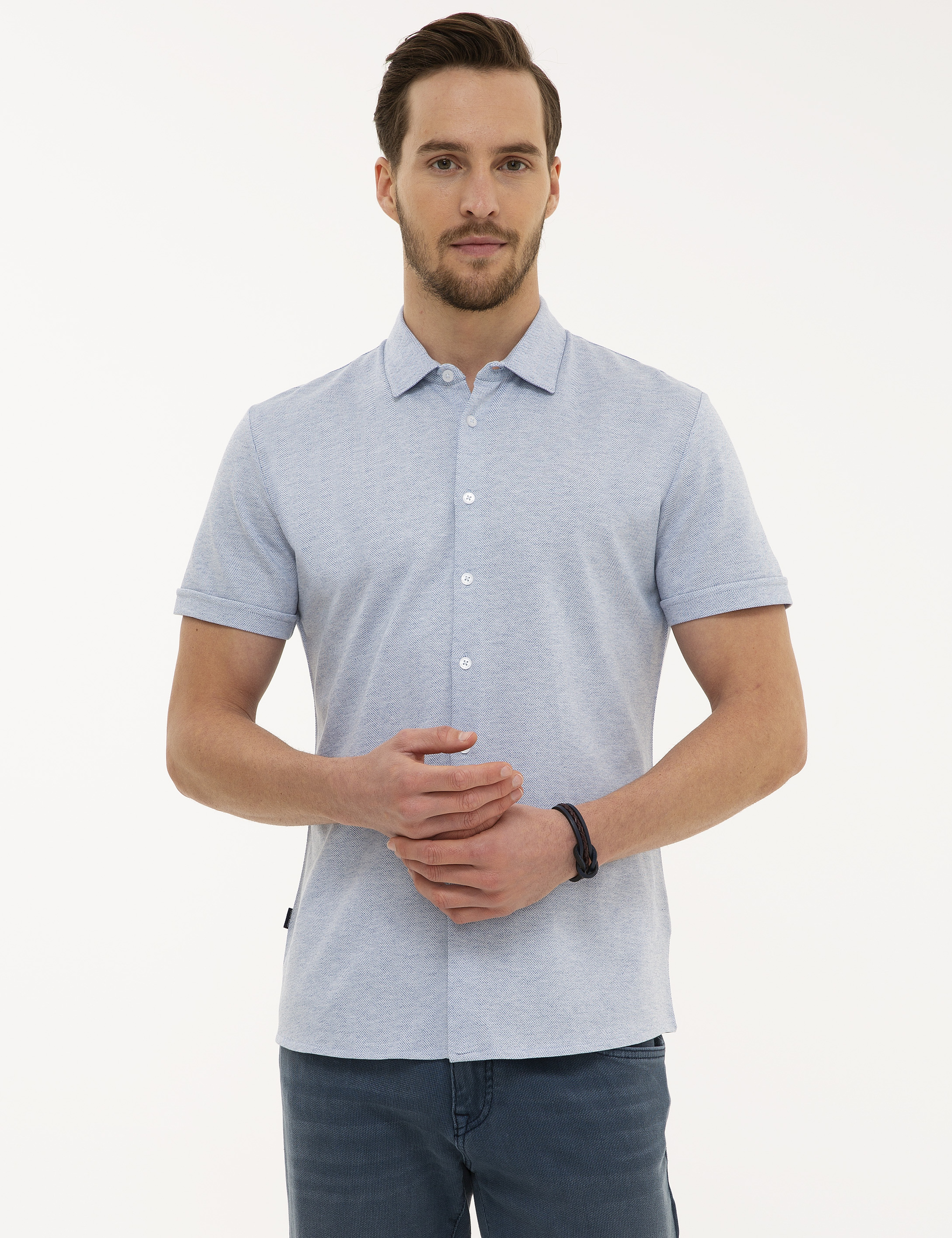 Koyu Mavi Slim Fit Gömlek Yaka Tişört - Image 2