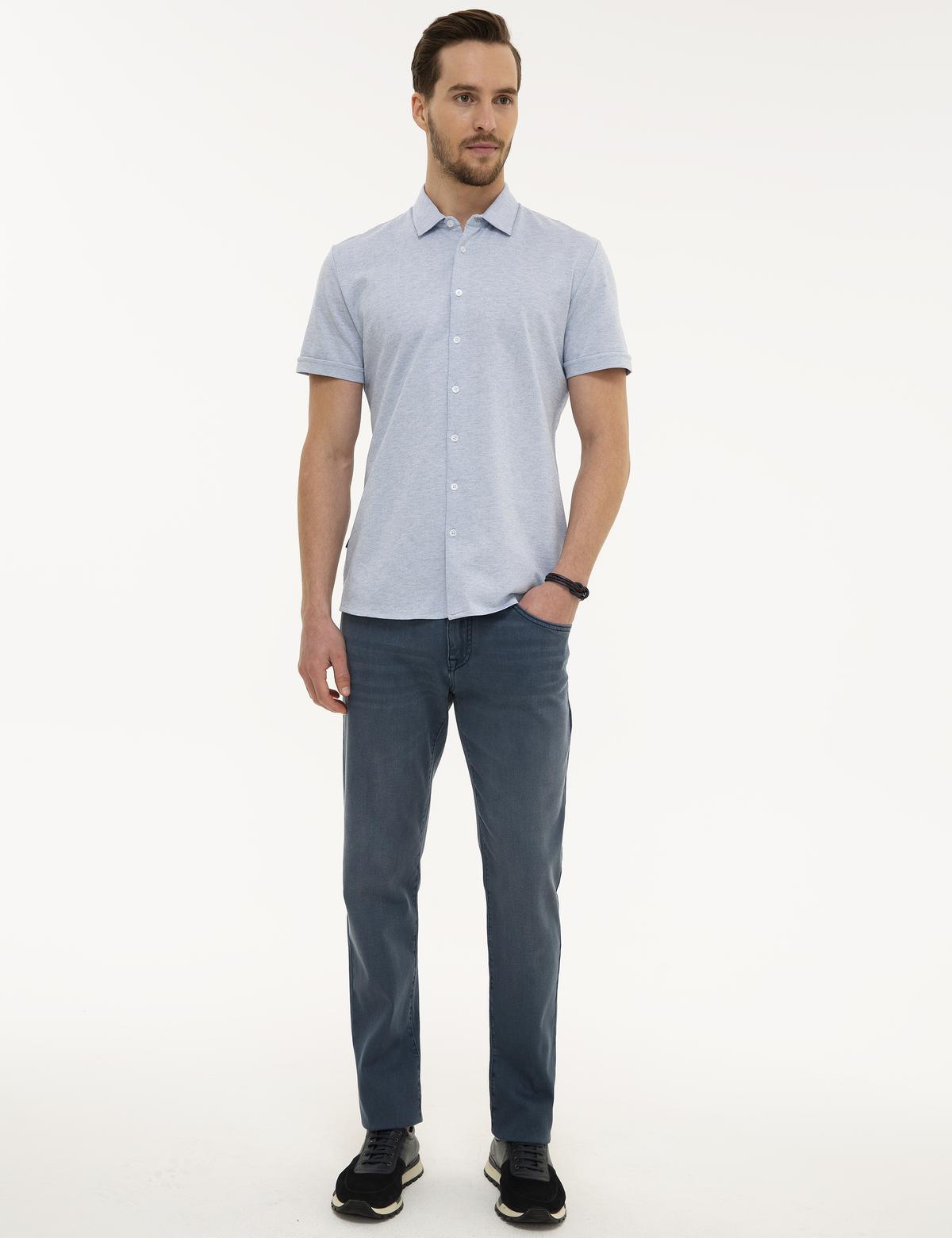 Koyu Mavi Slim Fit Gömlek Yaka Tişört - 50218584010