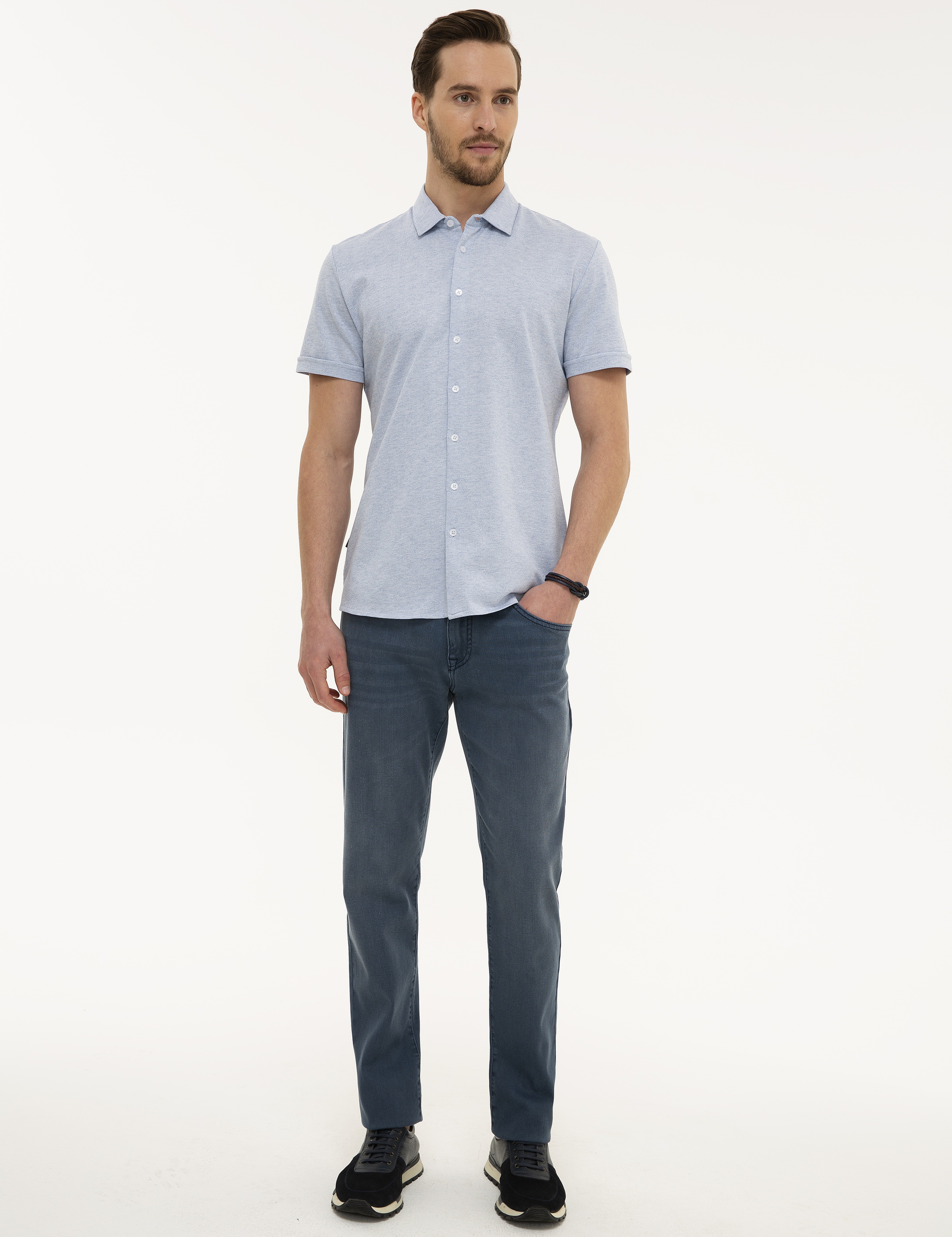 Koyu Mavi Slim Fit Gömlek Yaka Tişört - Image 4