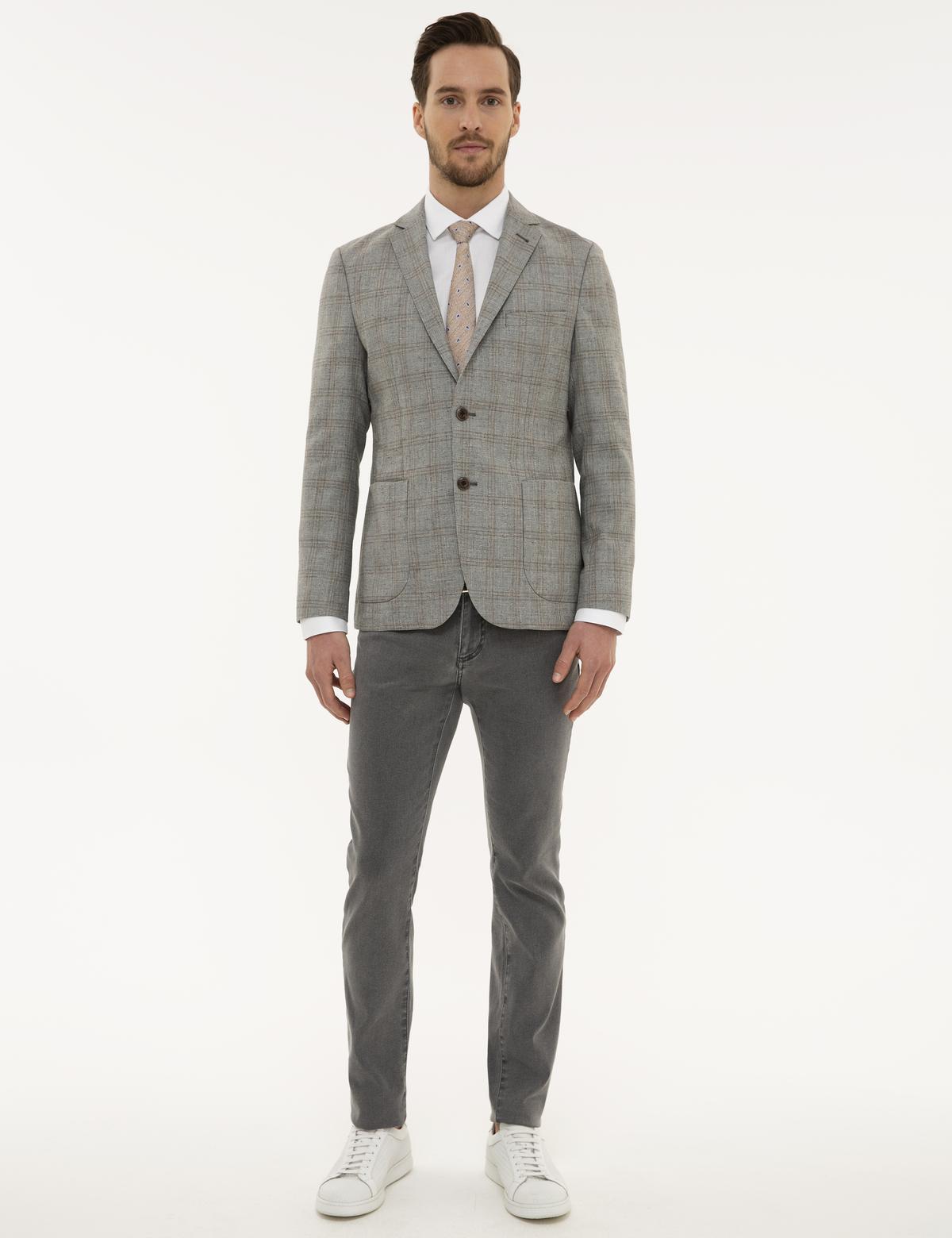 Gri Slim Fit Ekose Ceket - 50220056059