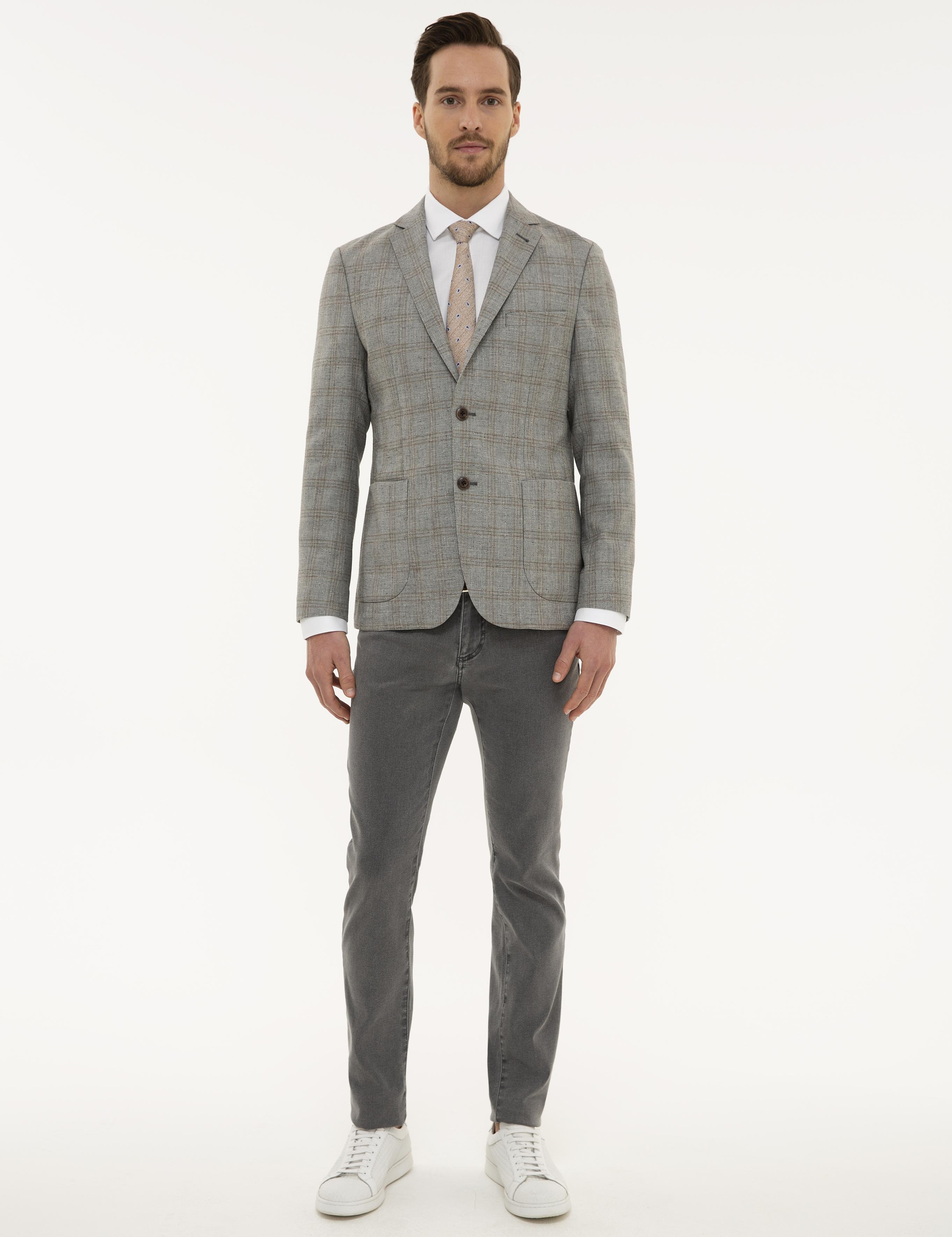 Gri Slim Fit Ekose Ceket