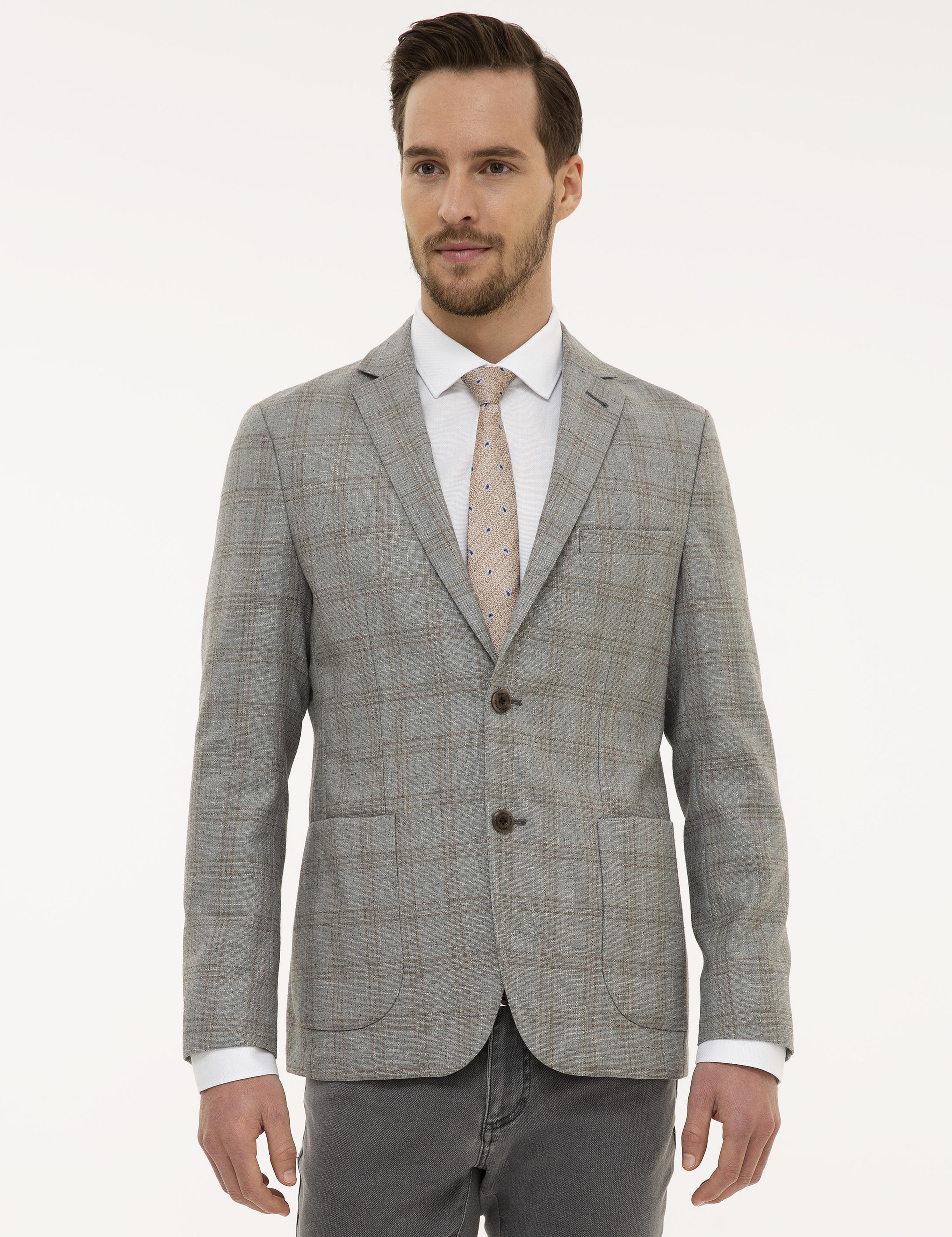 Gri Slim Fit Ekose Ceket