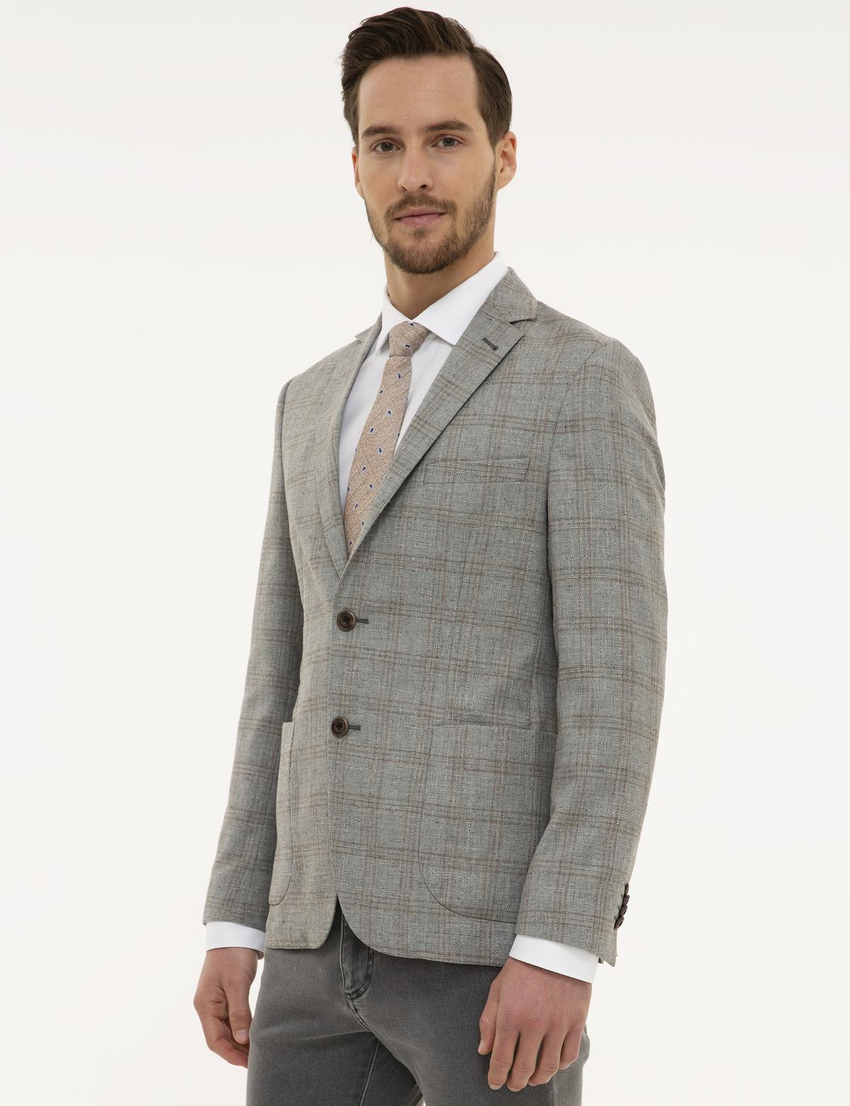 Gri Slim Fit Ekose Ceket - 50220056059