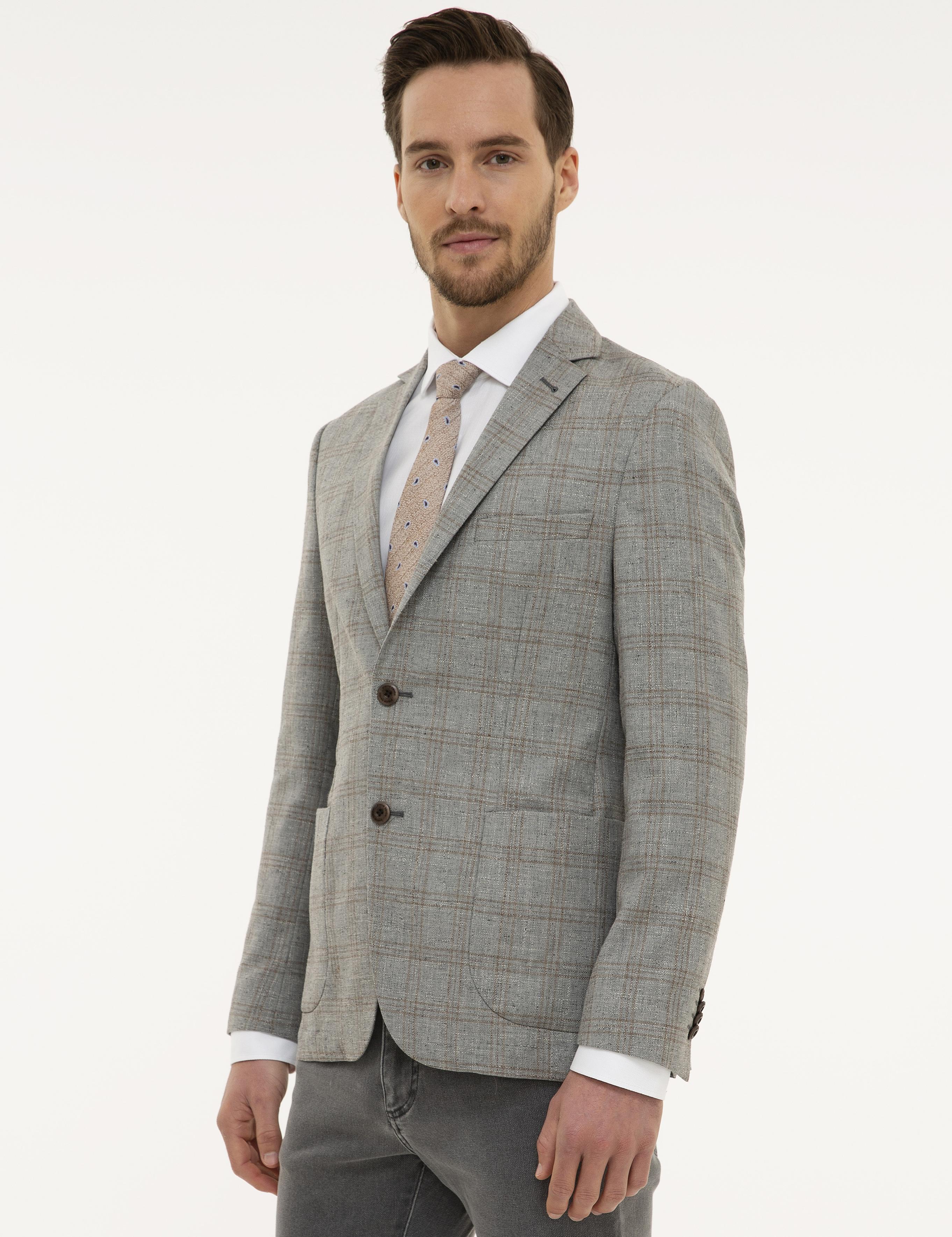 Gri Slim Fit Ekose Ceket