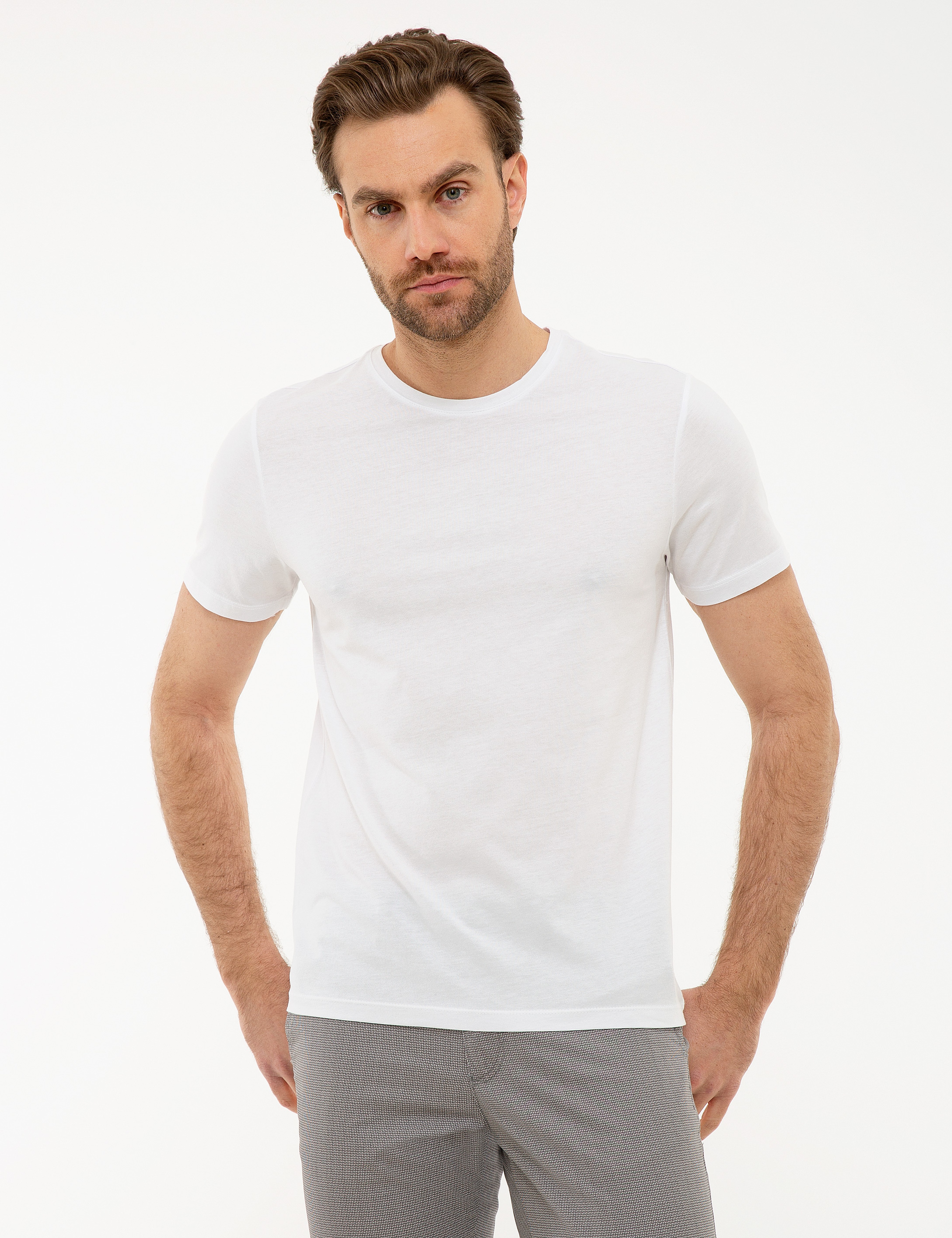 Beyaz Slim Fit Basic Tişört - Image 2