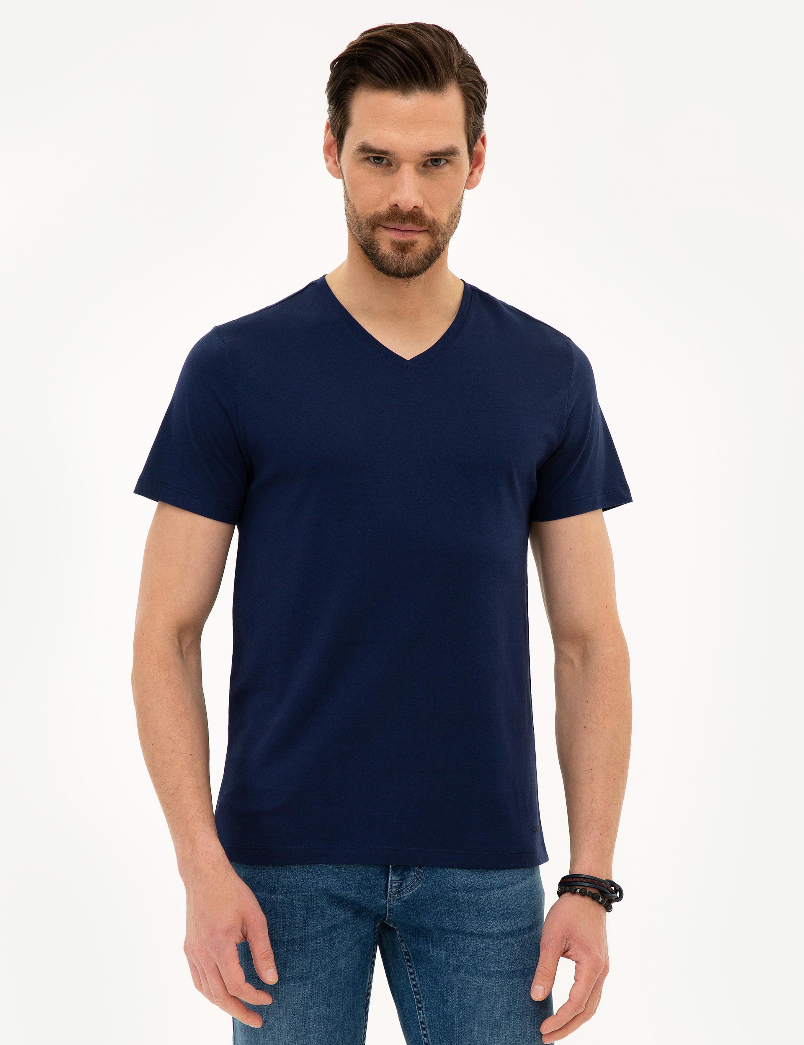Lacivert Slim Fit V Yaka Basic T-Shirt