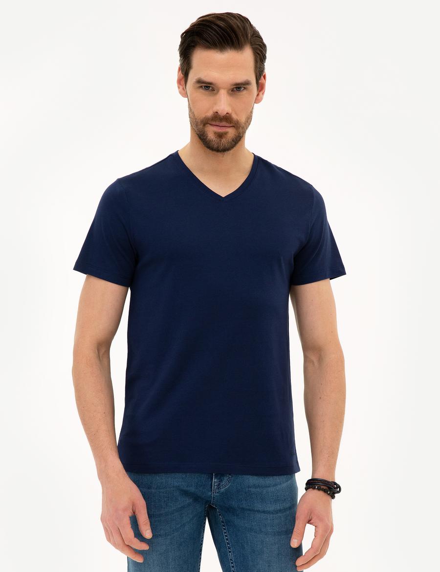 Lacivert Slim Fit V Yaka Basic T-Shirt