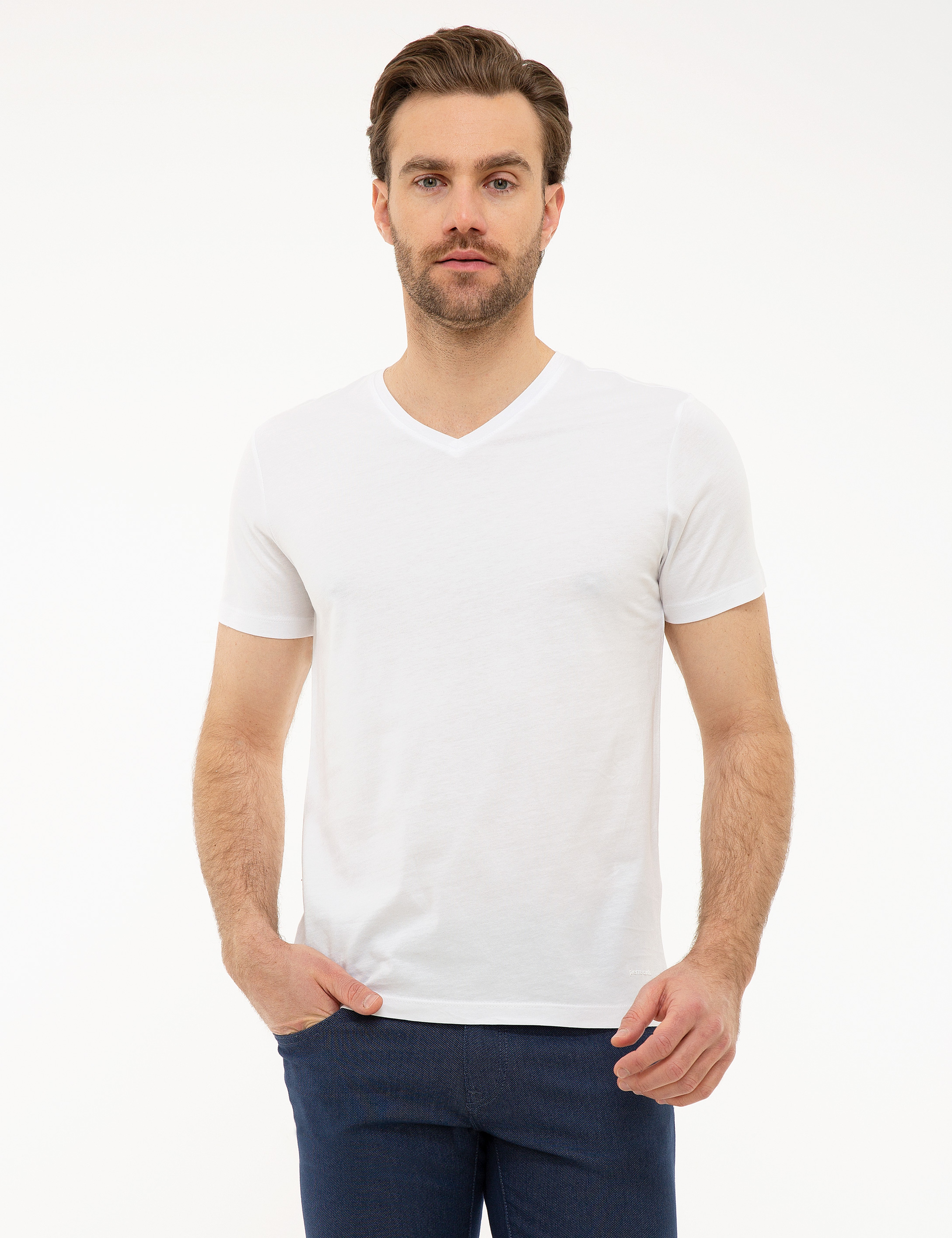 Beyaz Slim Fit Basic Tişört - Image 2