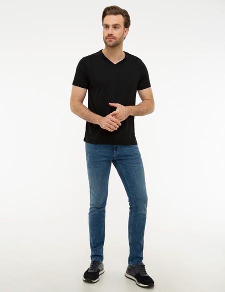 Siyah Slim Fit V Yaka Basic T-Shirt - 50218576022
