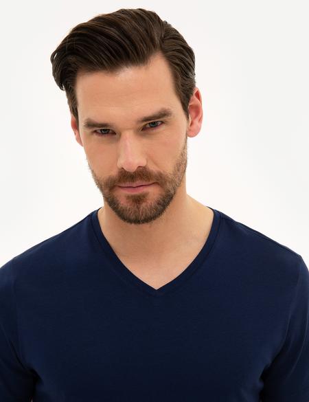 Lacivert Slim Fit V Yaka Basic T-Shirt - 50218576003