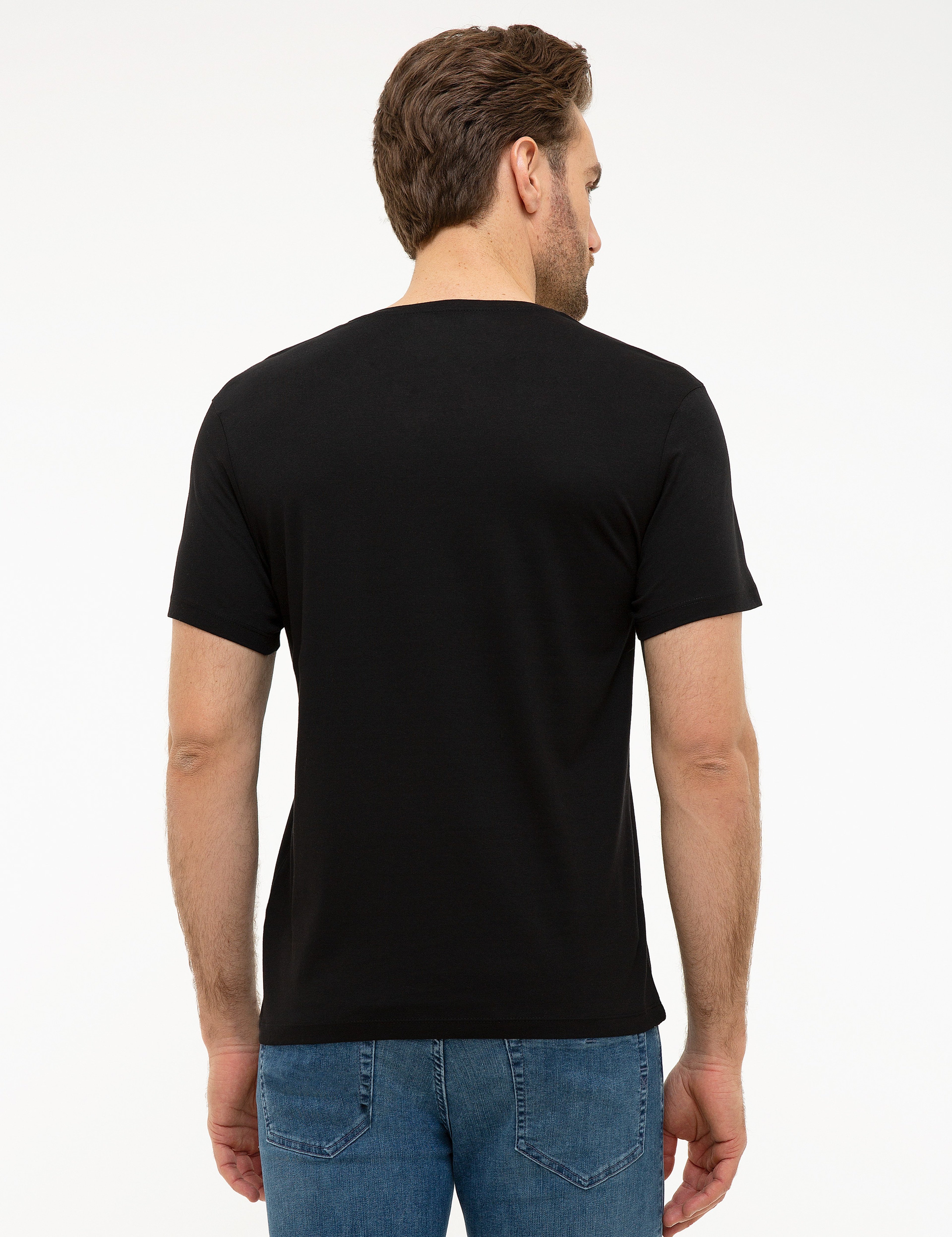 Siyah Slim Fit V Yaka Basic T-Shirt - Image 3